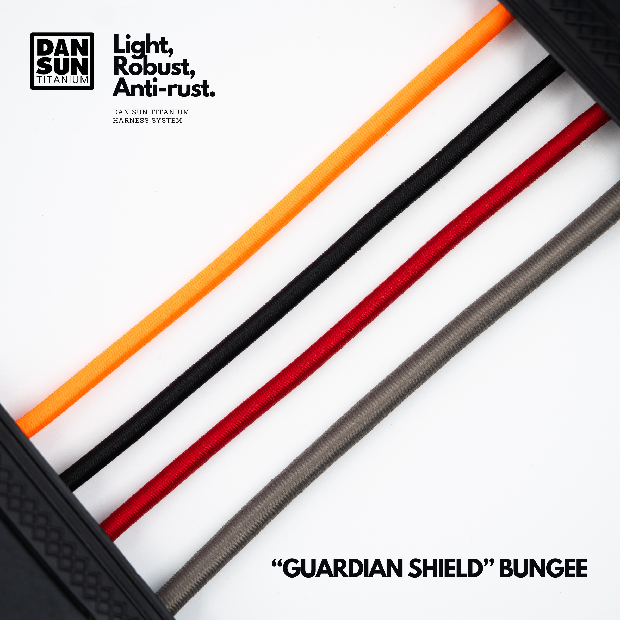 Orange, black, red and grey bungee cord