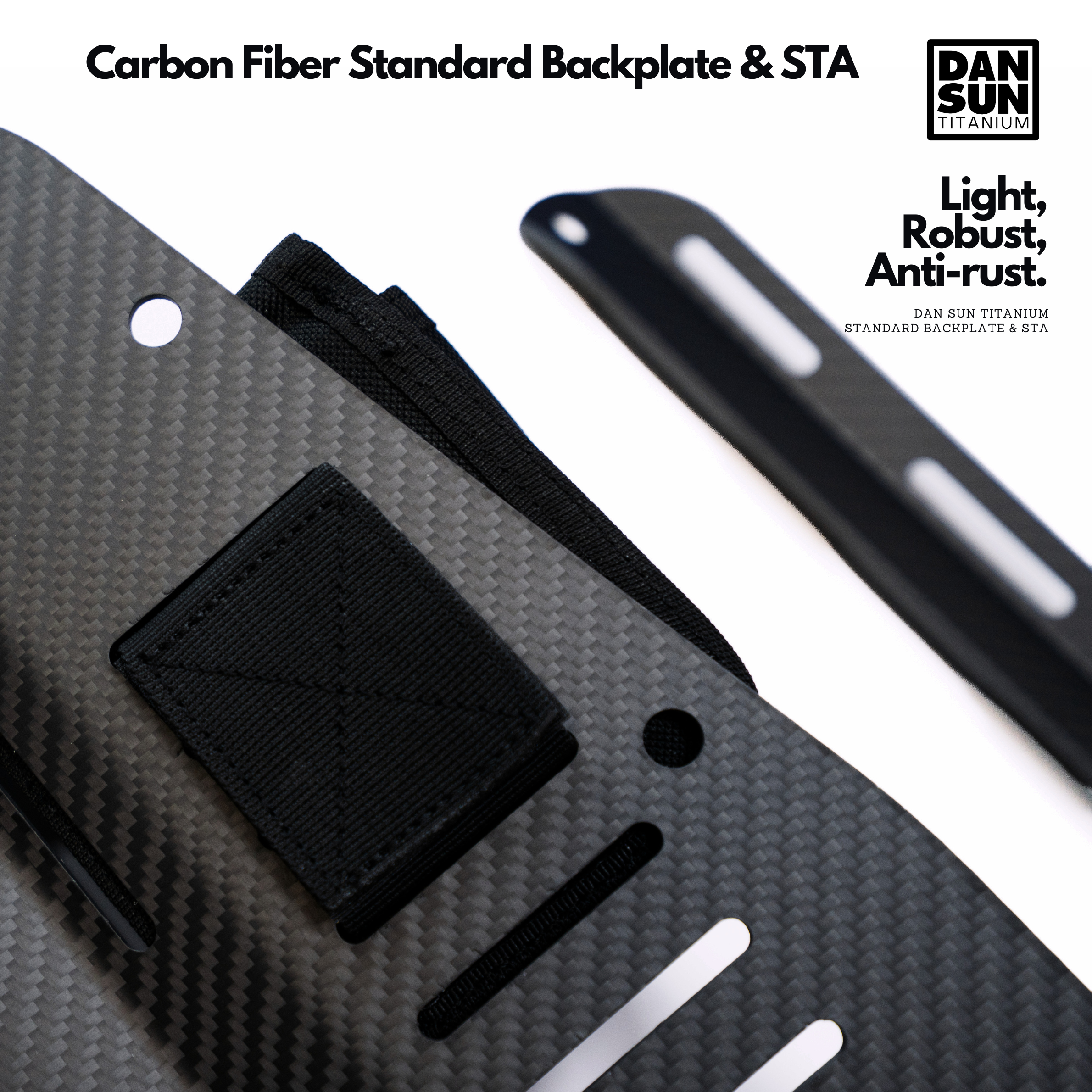 Close-up of the carbon fibre backplate with Velcro pad and STA