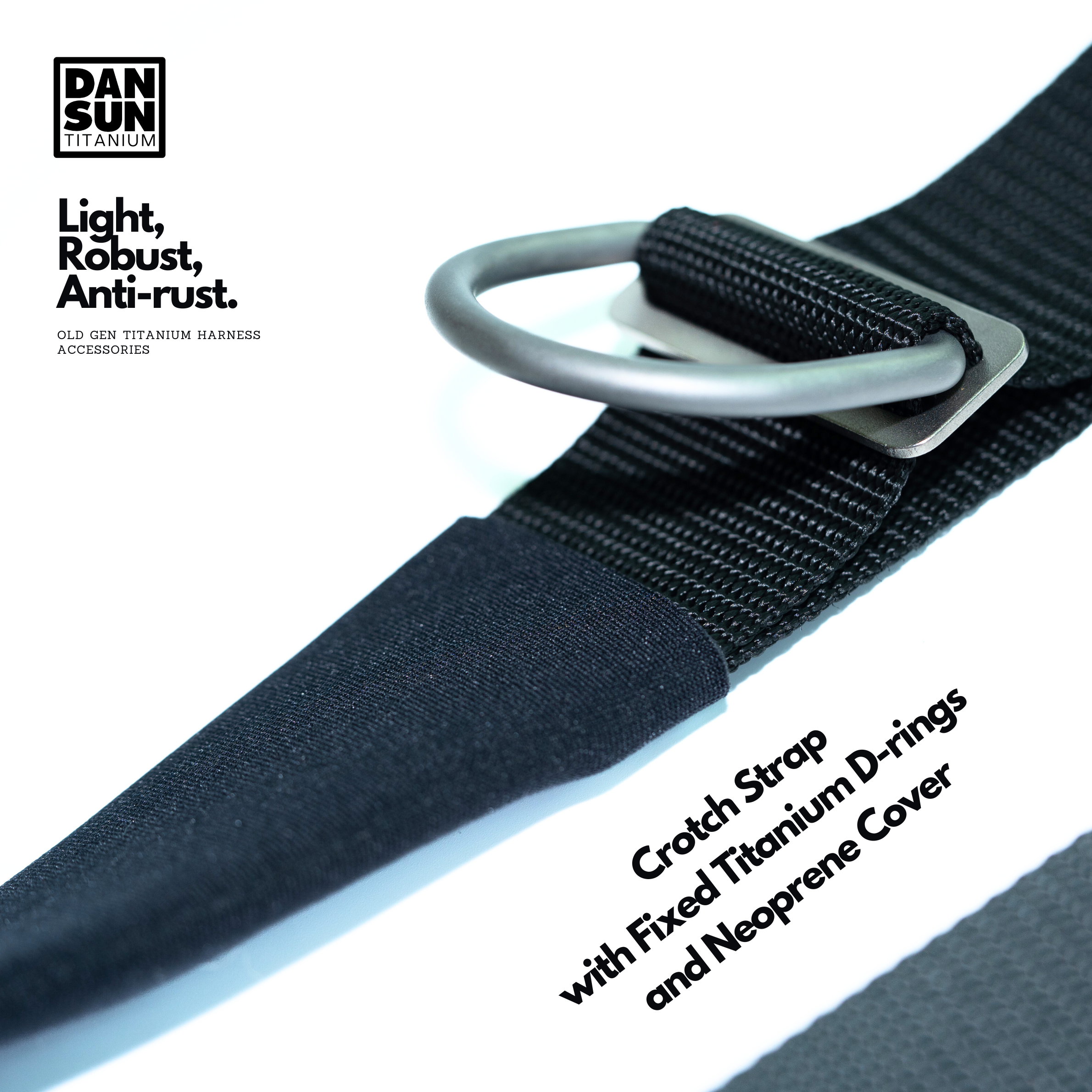 Titanium D-ring and neoprene cover on the crotch strap, close-up
