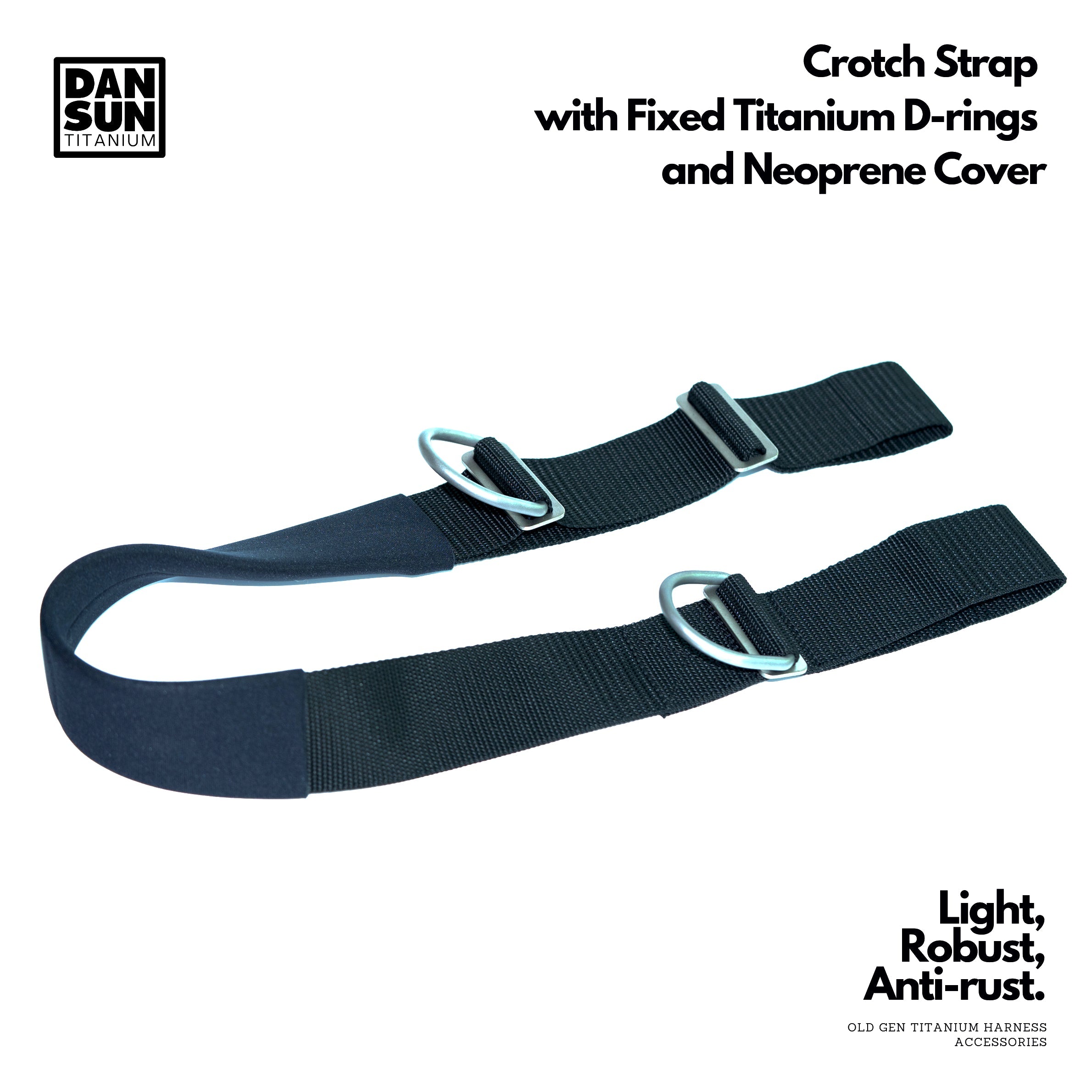 DanSun crotch strap with fixed titanium D-rings and neoprene cover