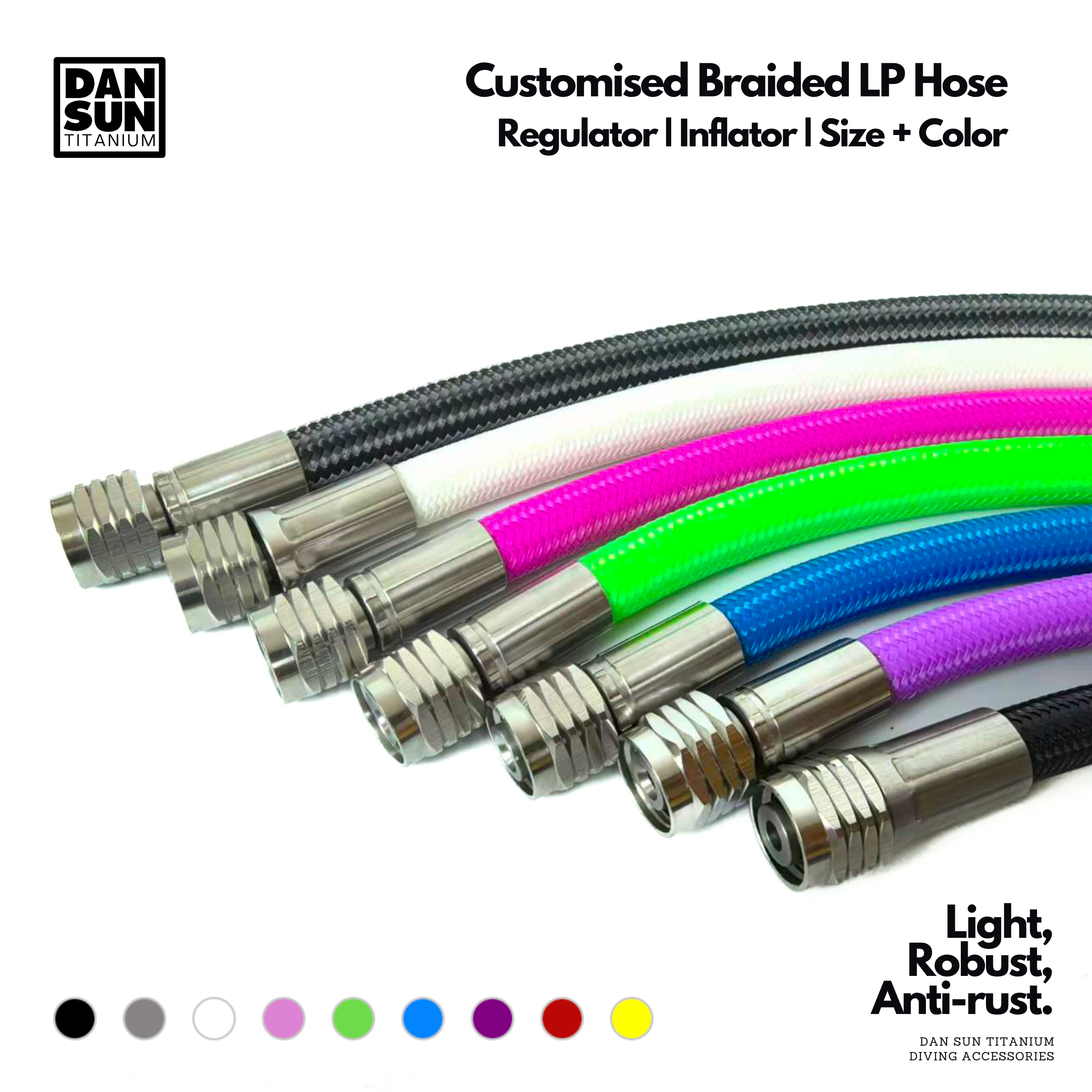 Custom braided LP hoses in nine colours