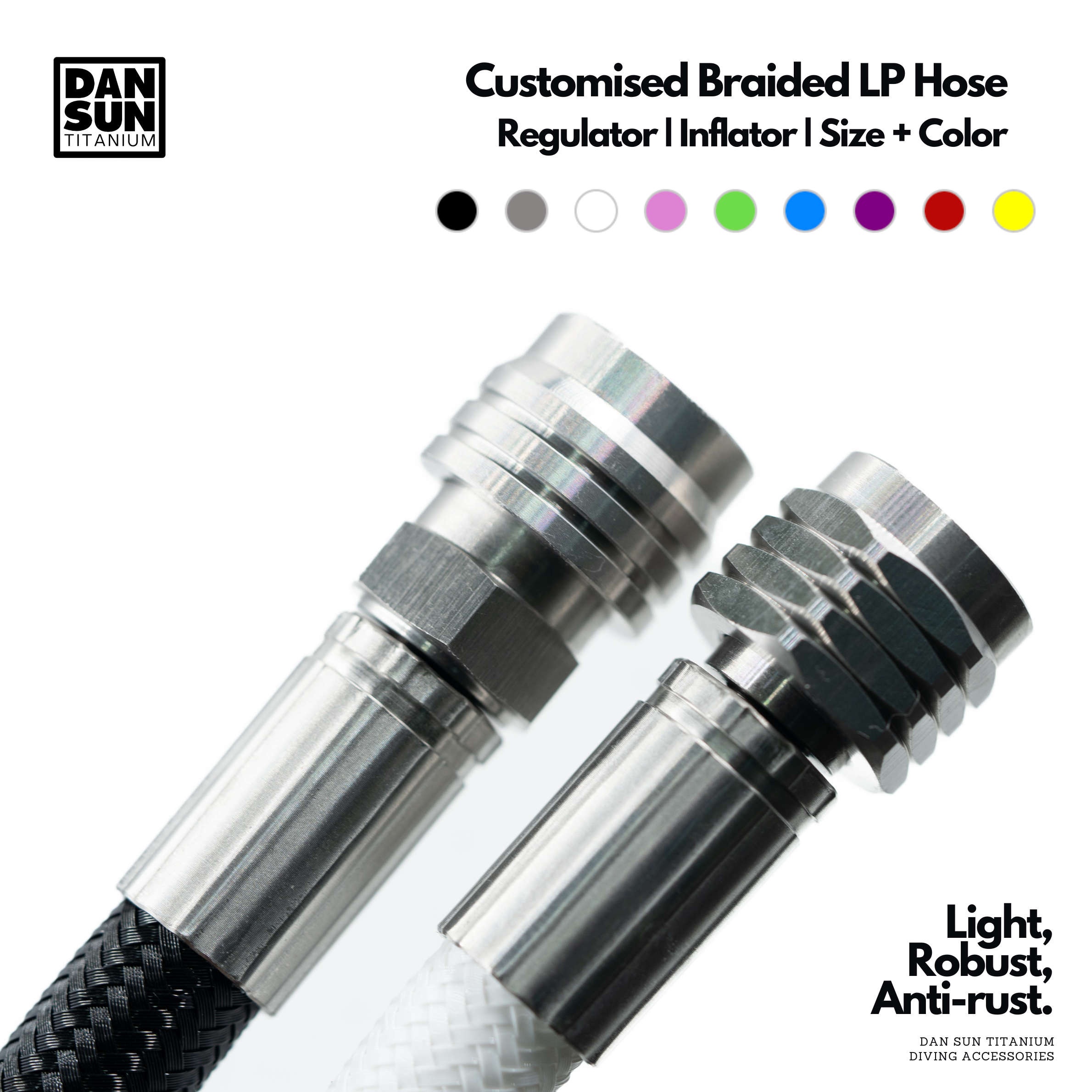 Regulator and inflator hose ends of the braided LP hose