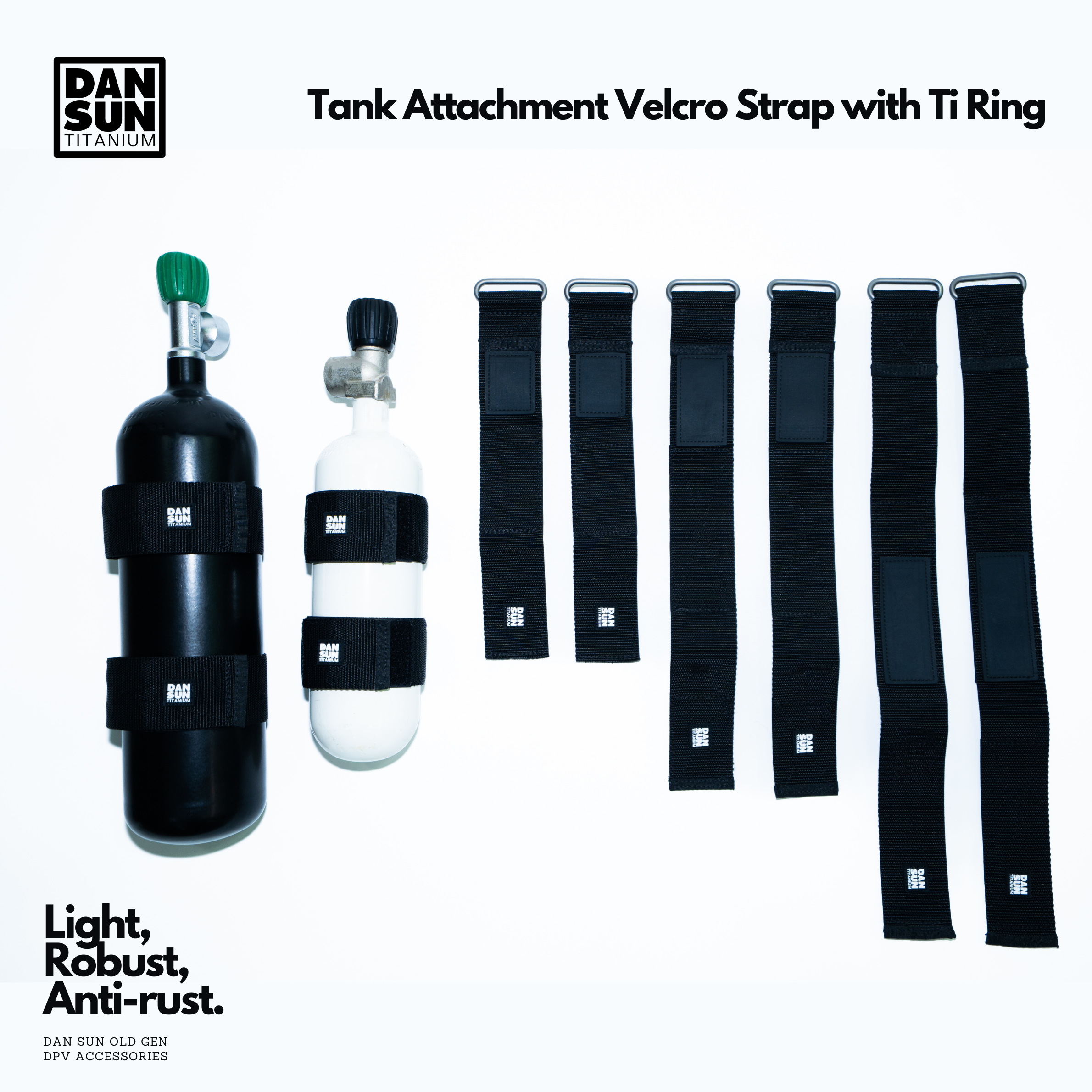 Cylinder Velcro straps in all sizes next to a CCR cylinder and drysuit bottle