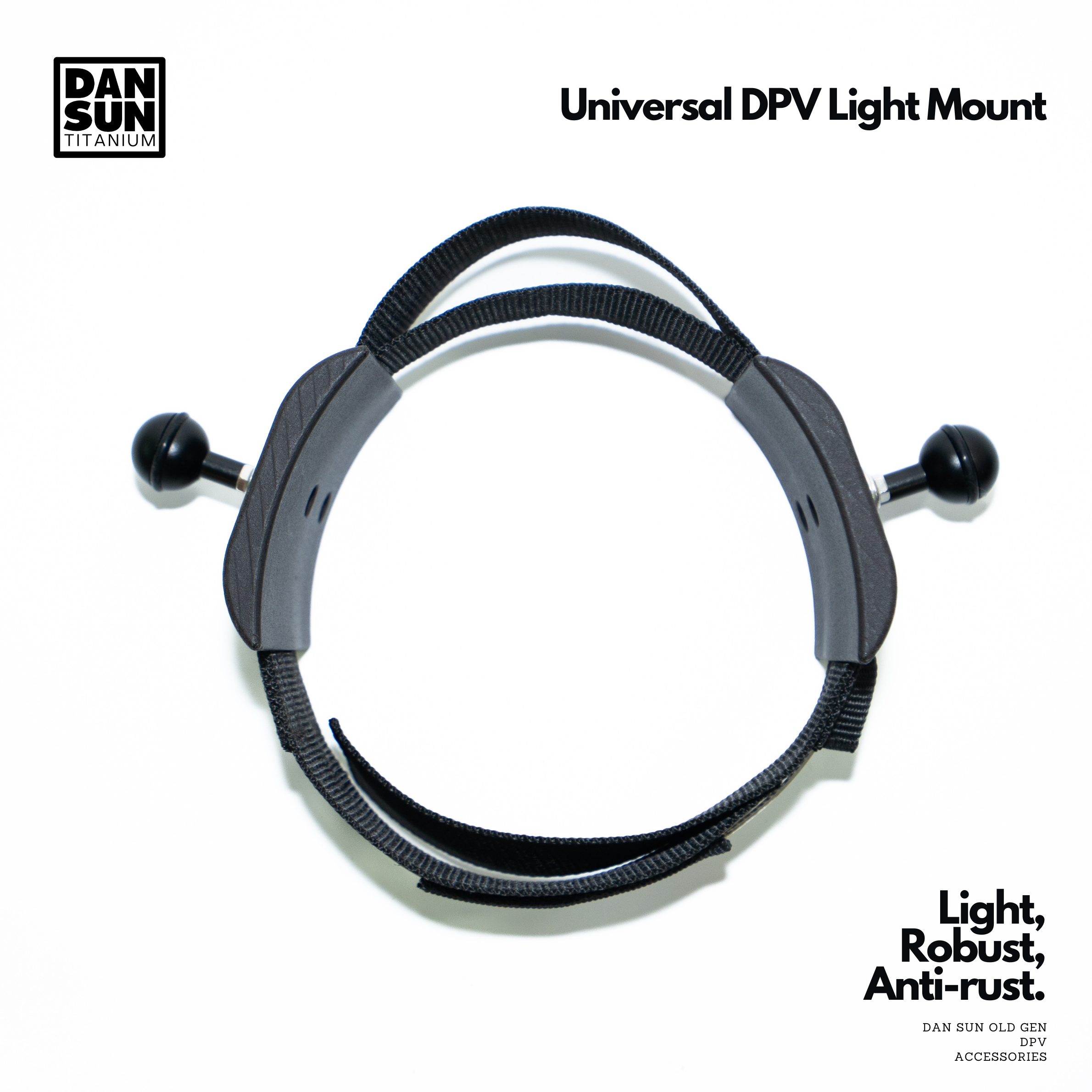 Universal DPV light mount with black webbing and two ball mounts
