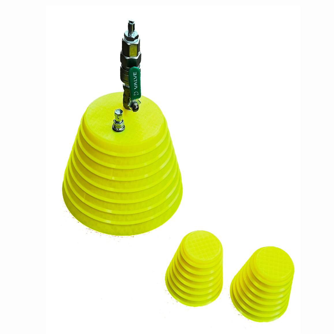 Drysuit testing kit with three yellow cone plugs and valve fitting