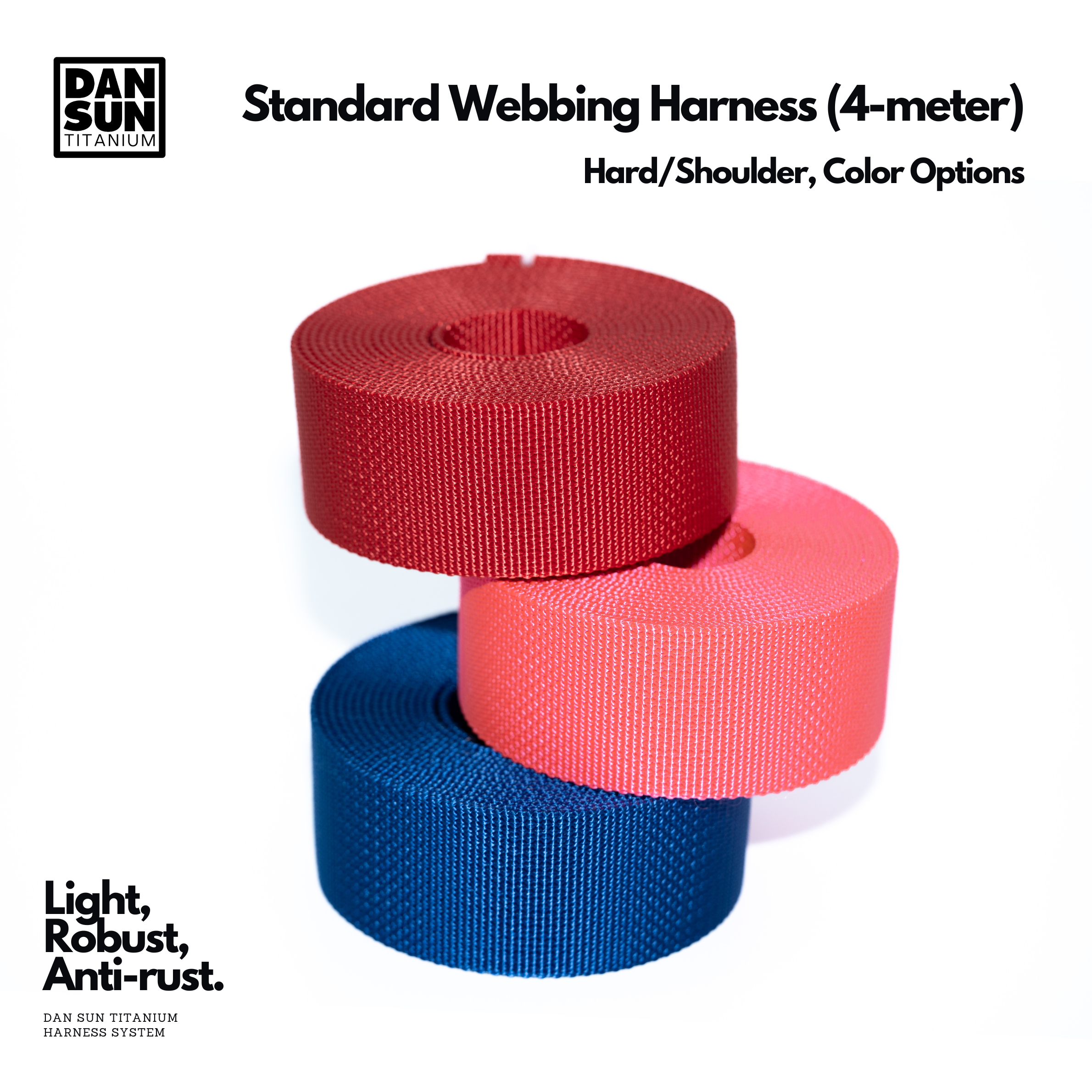 Red, pink and blue harness webbing rolls