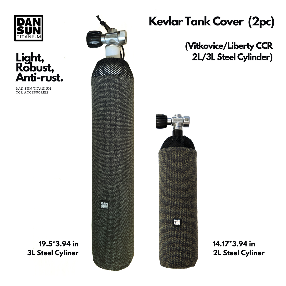 DanSun Kevlar covers on 3 L and 2 L steel rebreather cylinders