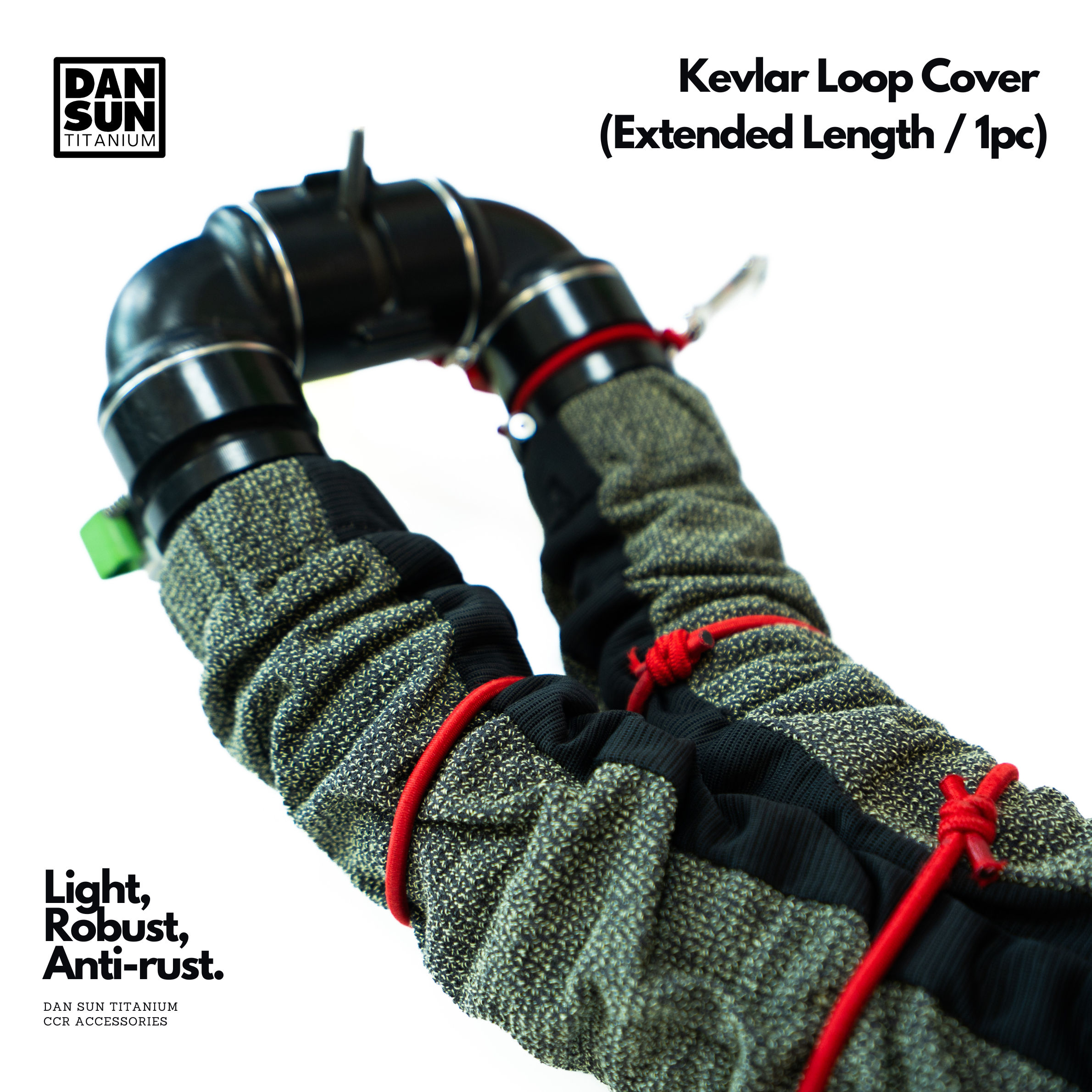 Kevlar loop cover fitted over rebreather breathing hoses with red bungee