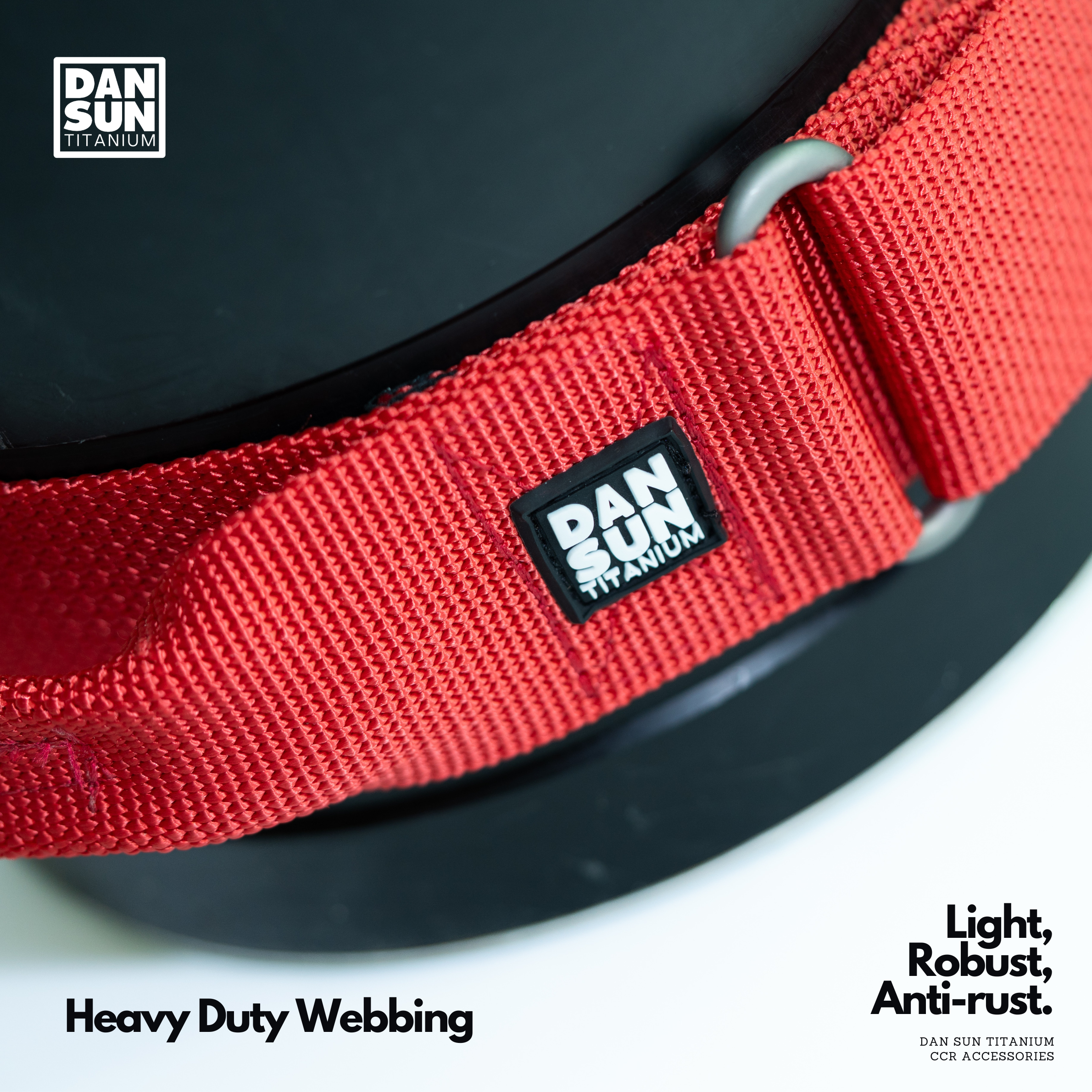 Heavy-duty red webbing on the Liberty canister strap