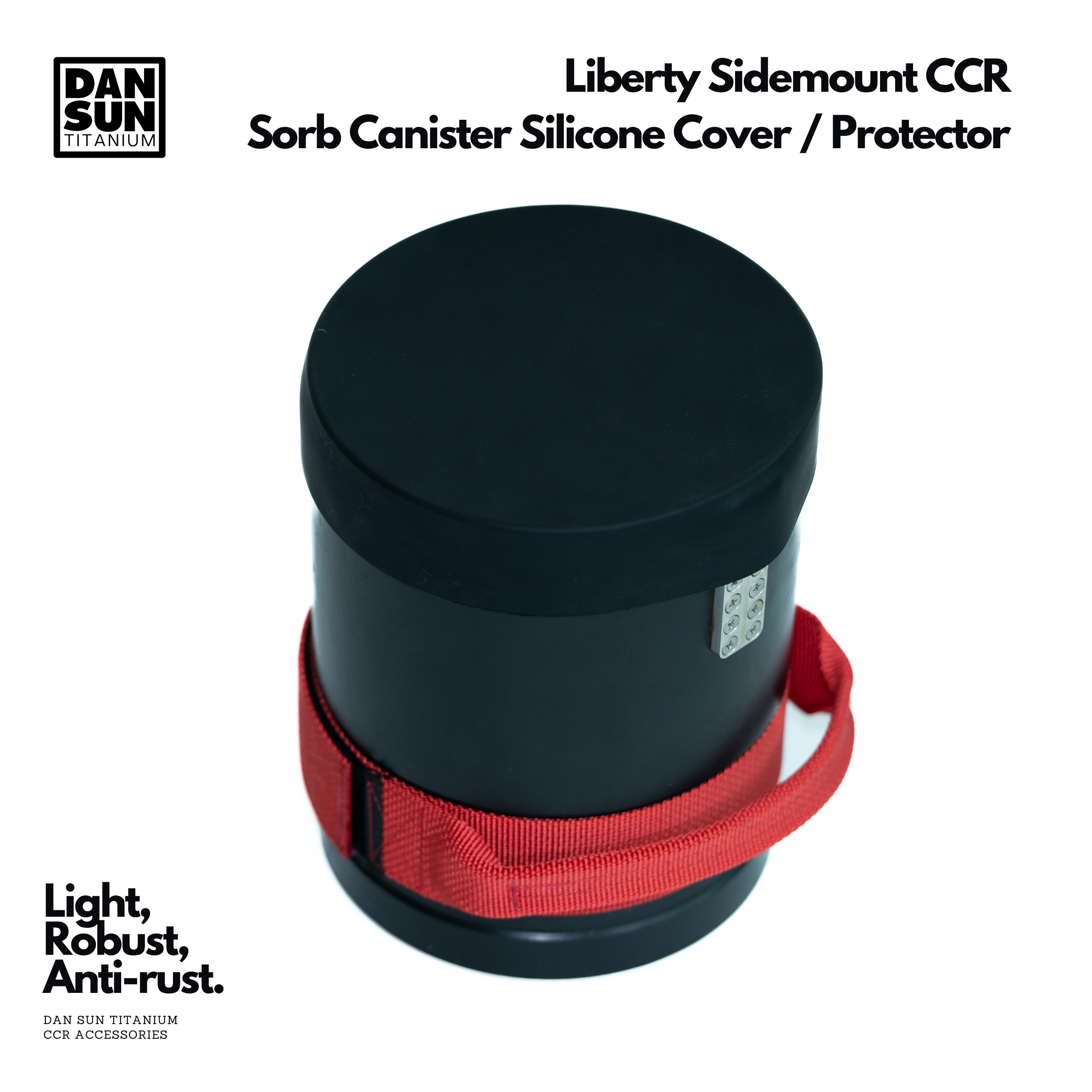 Liberty Sidemount scrubber canister with silicone protector, front view