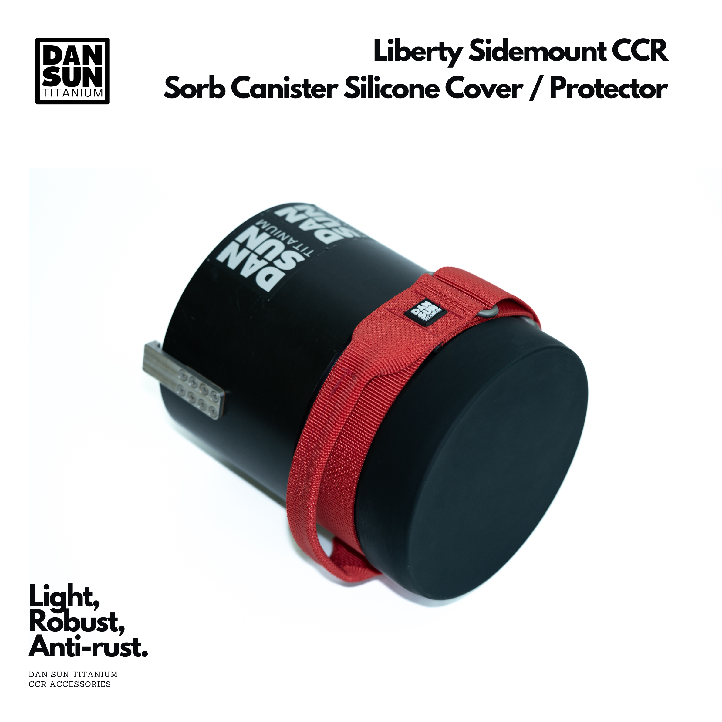 Silicone protector fitted to a Liberty Sidemount canister with red strap