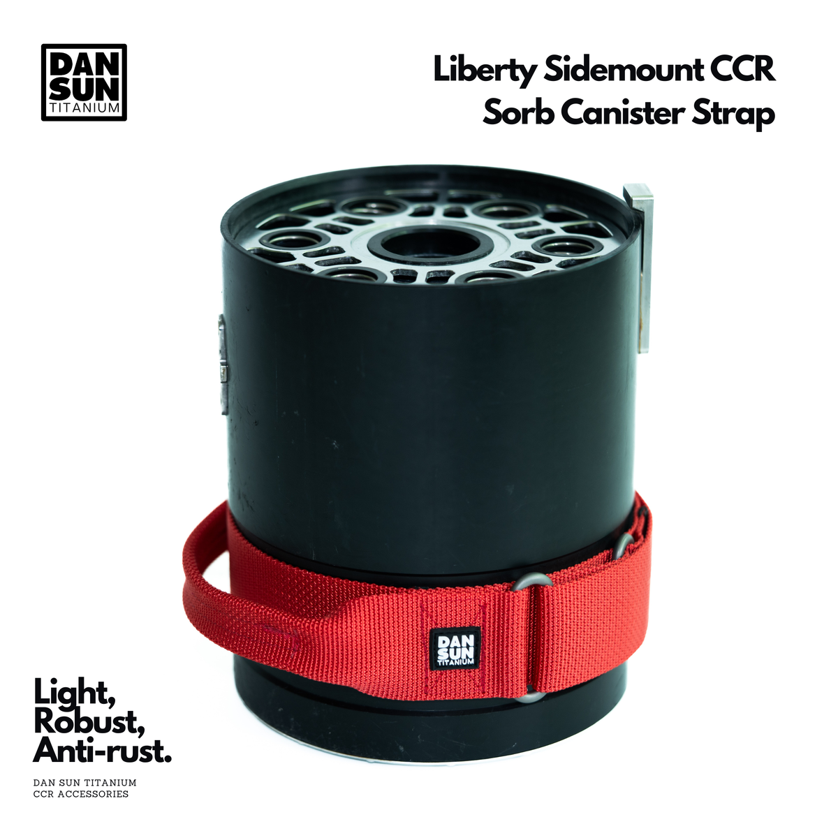 Red DanSun strap on a Liberty Sidemount CCR scrubber canister
