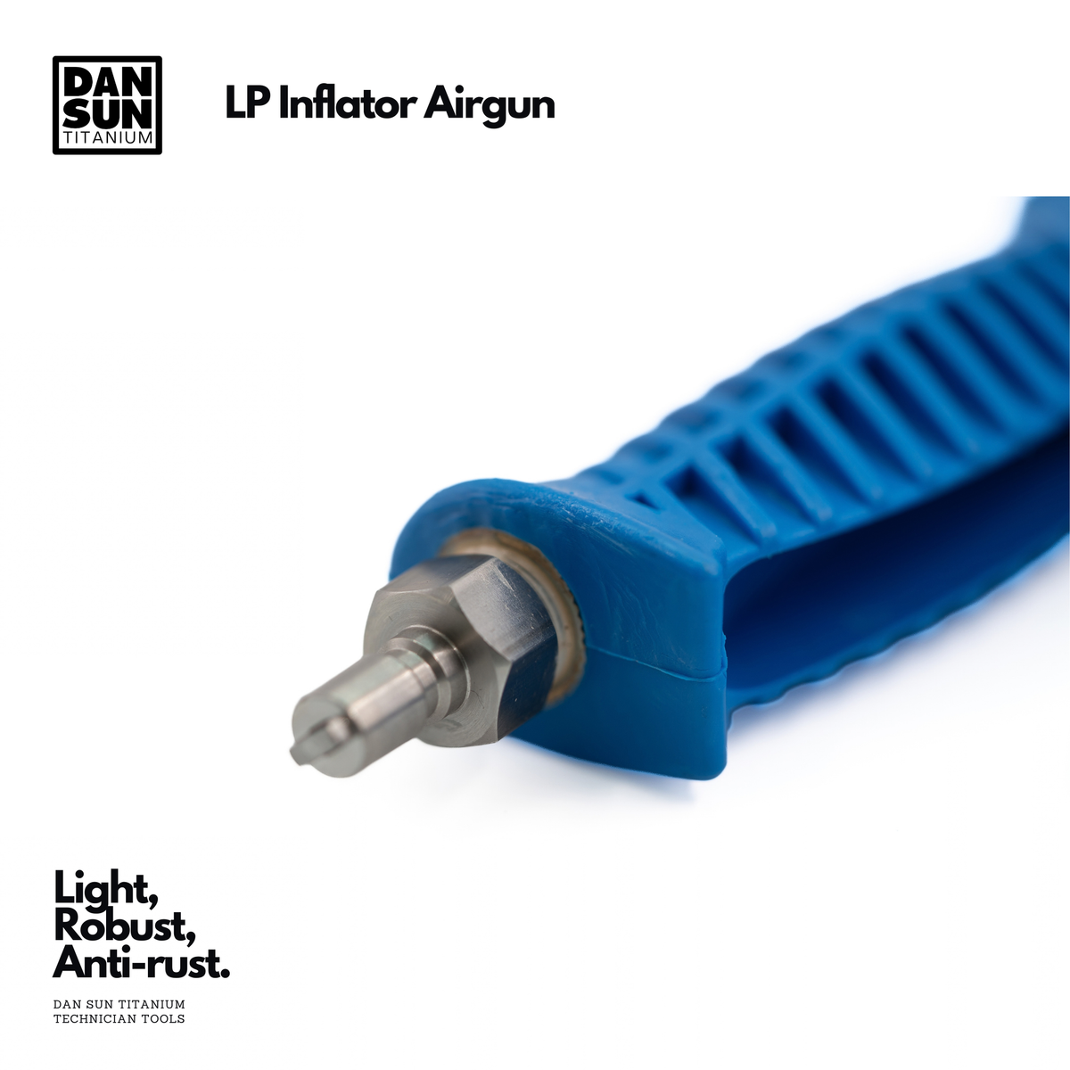 A close-up of a blue LP Inflator Airgun tool with a metallic nozzle, shown on a white background with DAN SUN branding and text.