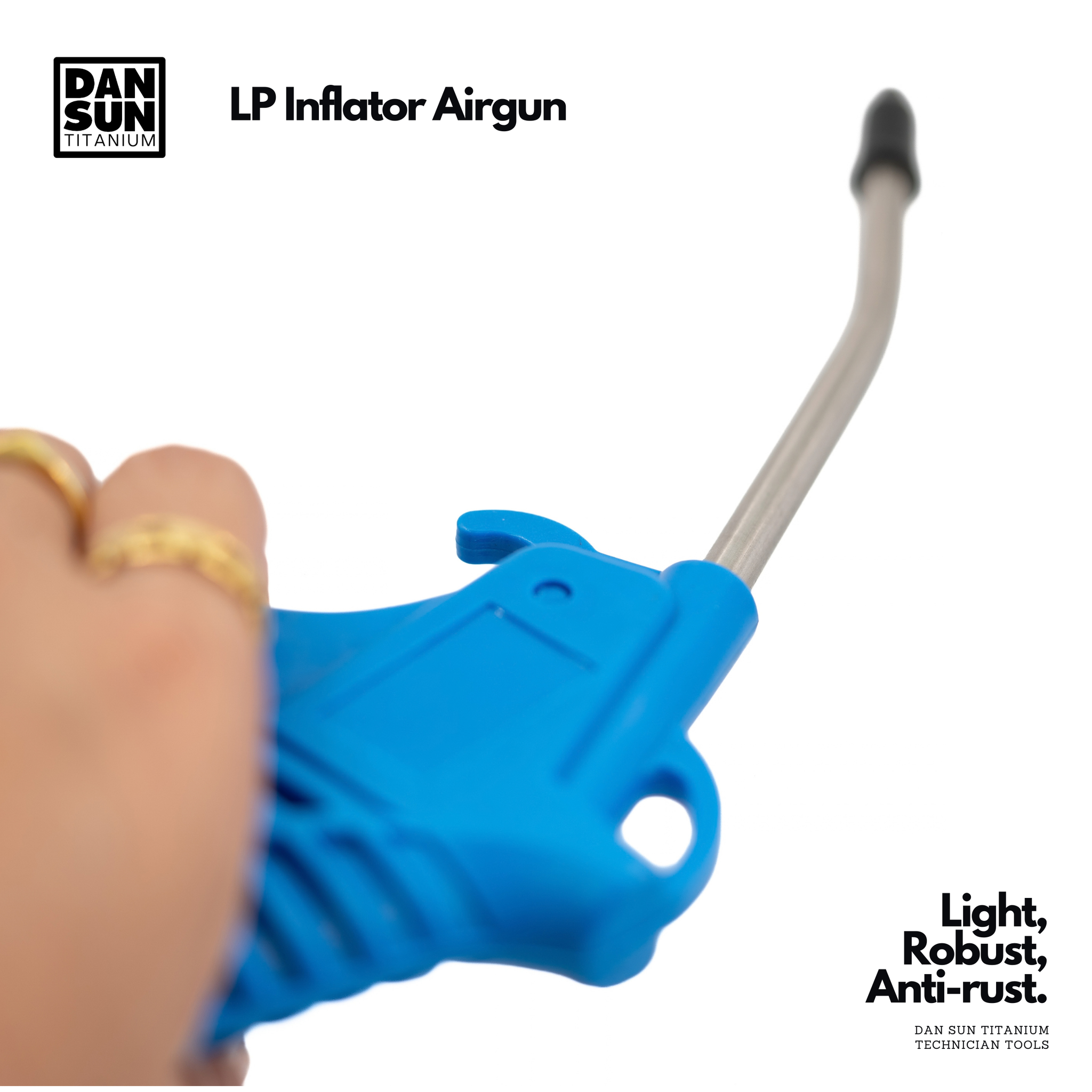 A close-up of a hand holding a blue Dan Sun LP Inflator Airgun with a long silver metal nozzle, on a white background with Dan Sun branding and text overlays.
