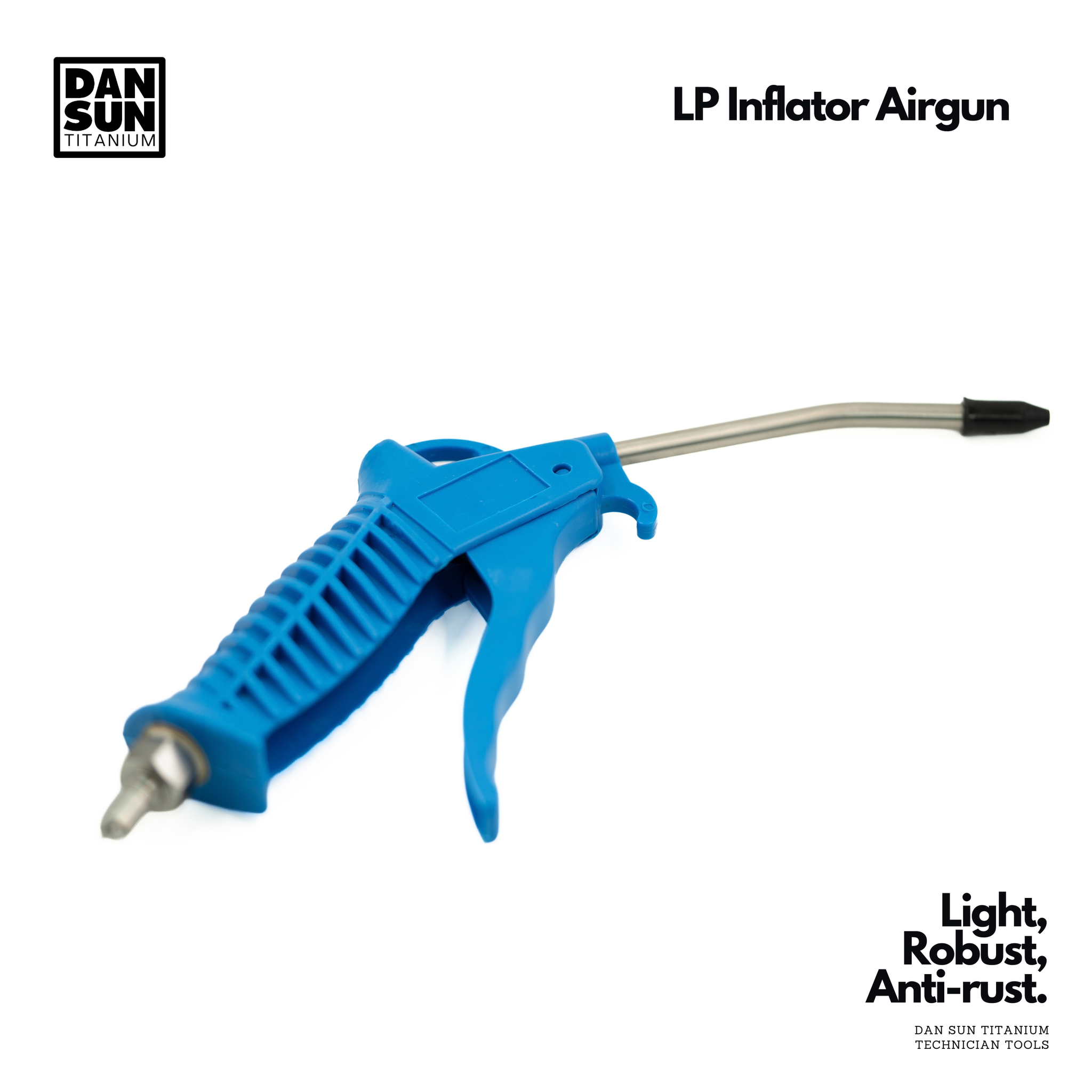 A blue Dan Sun LP Inflator Airgun with a stainless steel nozzle and black tip, shown on a white background with Dan Sun branding and product text overlays.