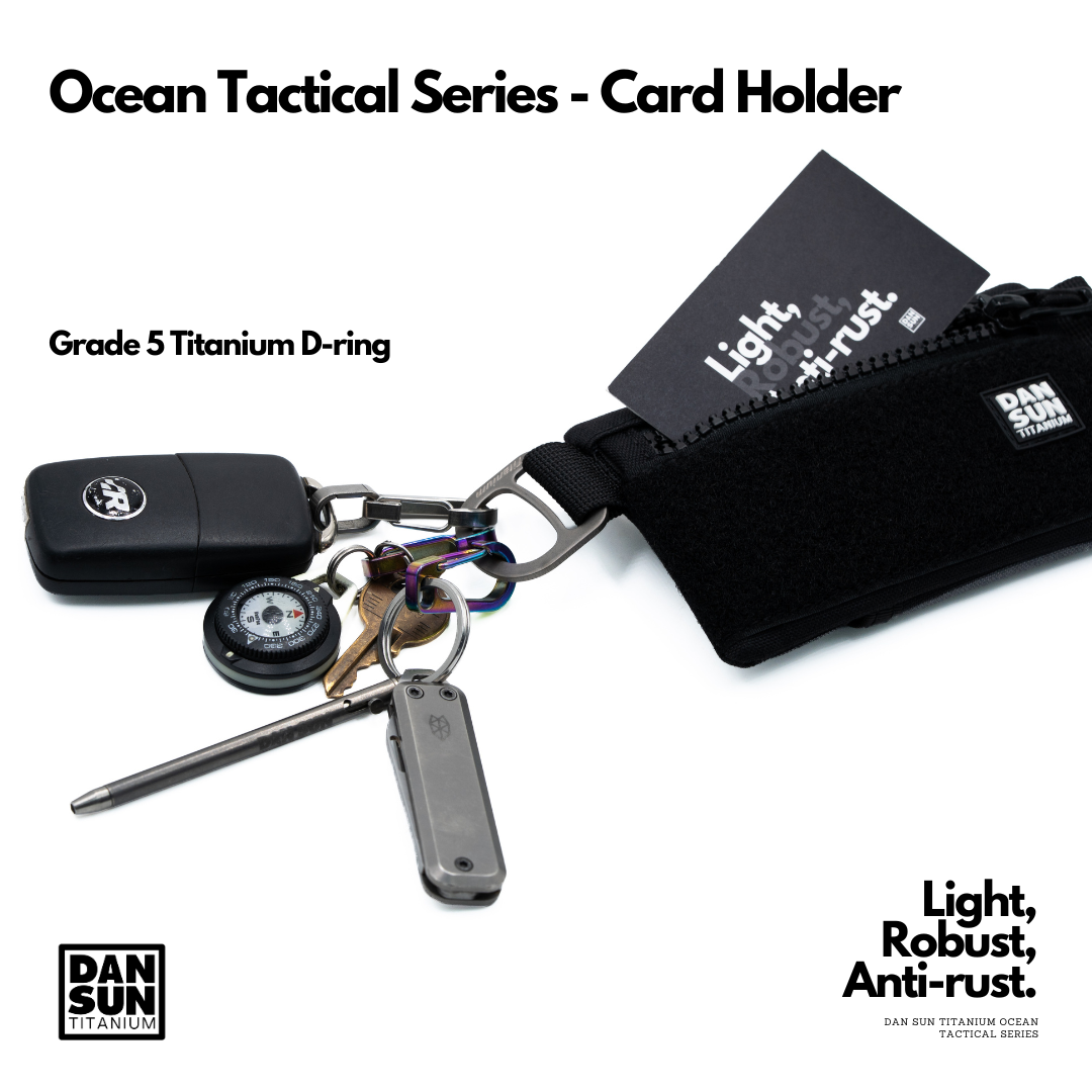 Ocean Tactical Card Holder with keys on the Grade 5 titanium D-ring