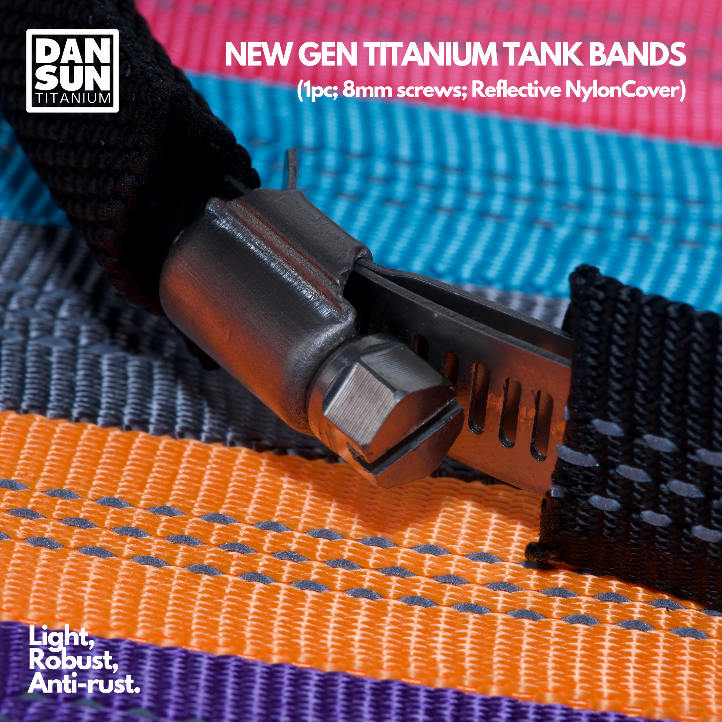 8 mm screw clamp on a reflective titanium tank band