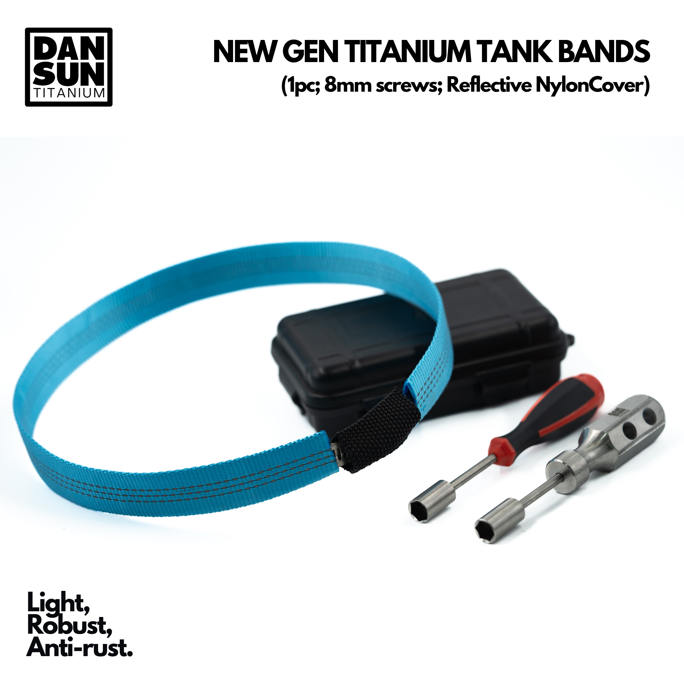 Sky blue reflective titanium tank band with 8 mm screwdrivers