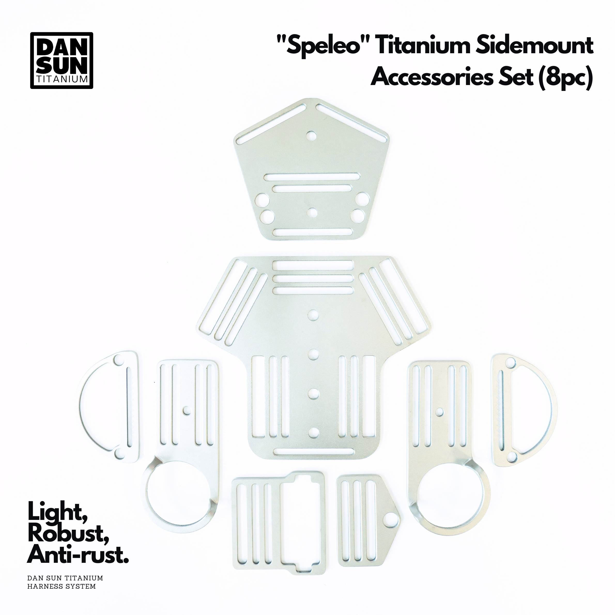 DanSun Speleo titanium sidemount accessories set, 8 pieces laid out
