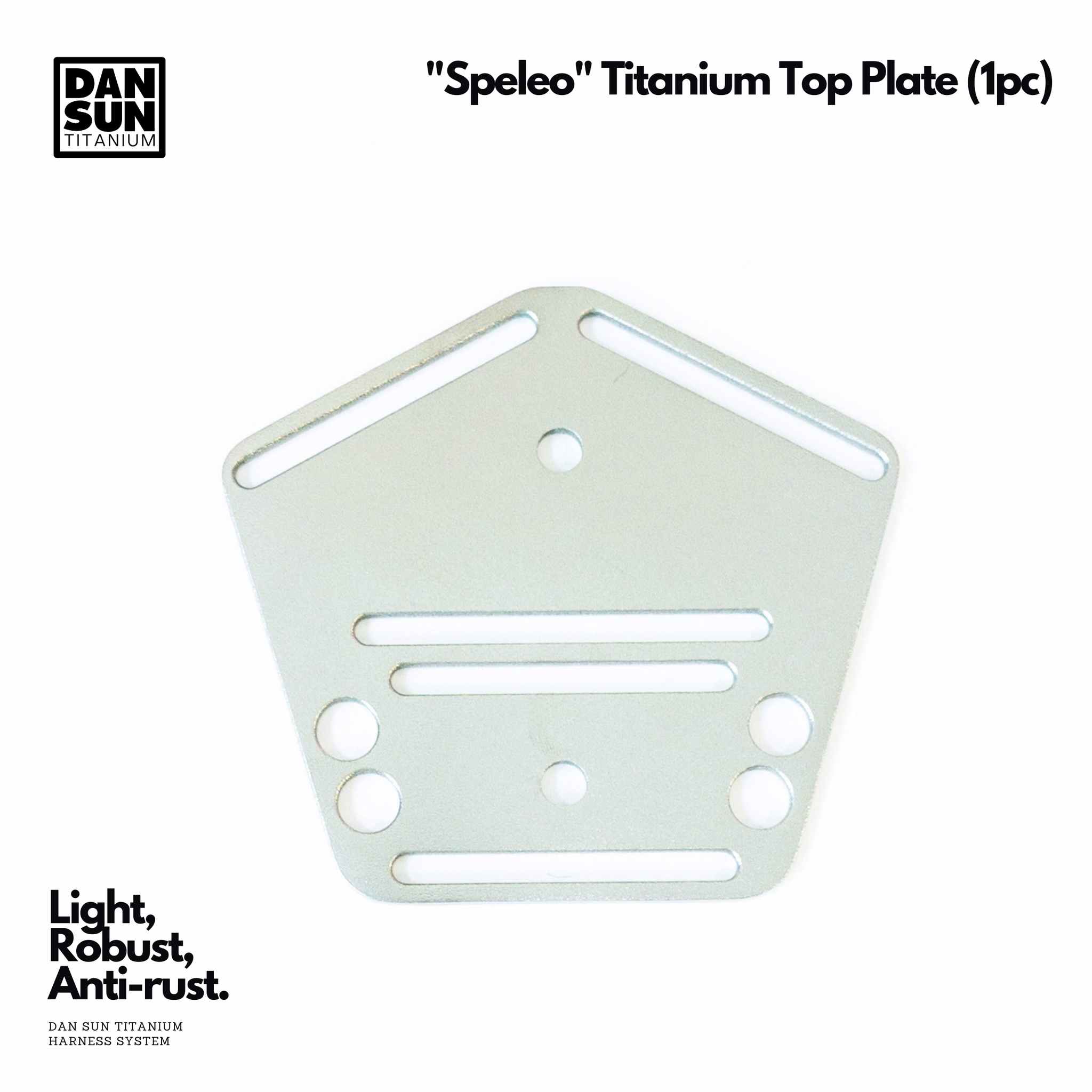 A light silver titanium top plate for a Dan Sun HarNESS system, labeled 'Speleo Titanium Top Plate (1pc)'. The product is shown on a clean white background with the Dan Sun brand logo in the top-left corner and product text in the bottom-left.
