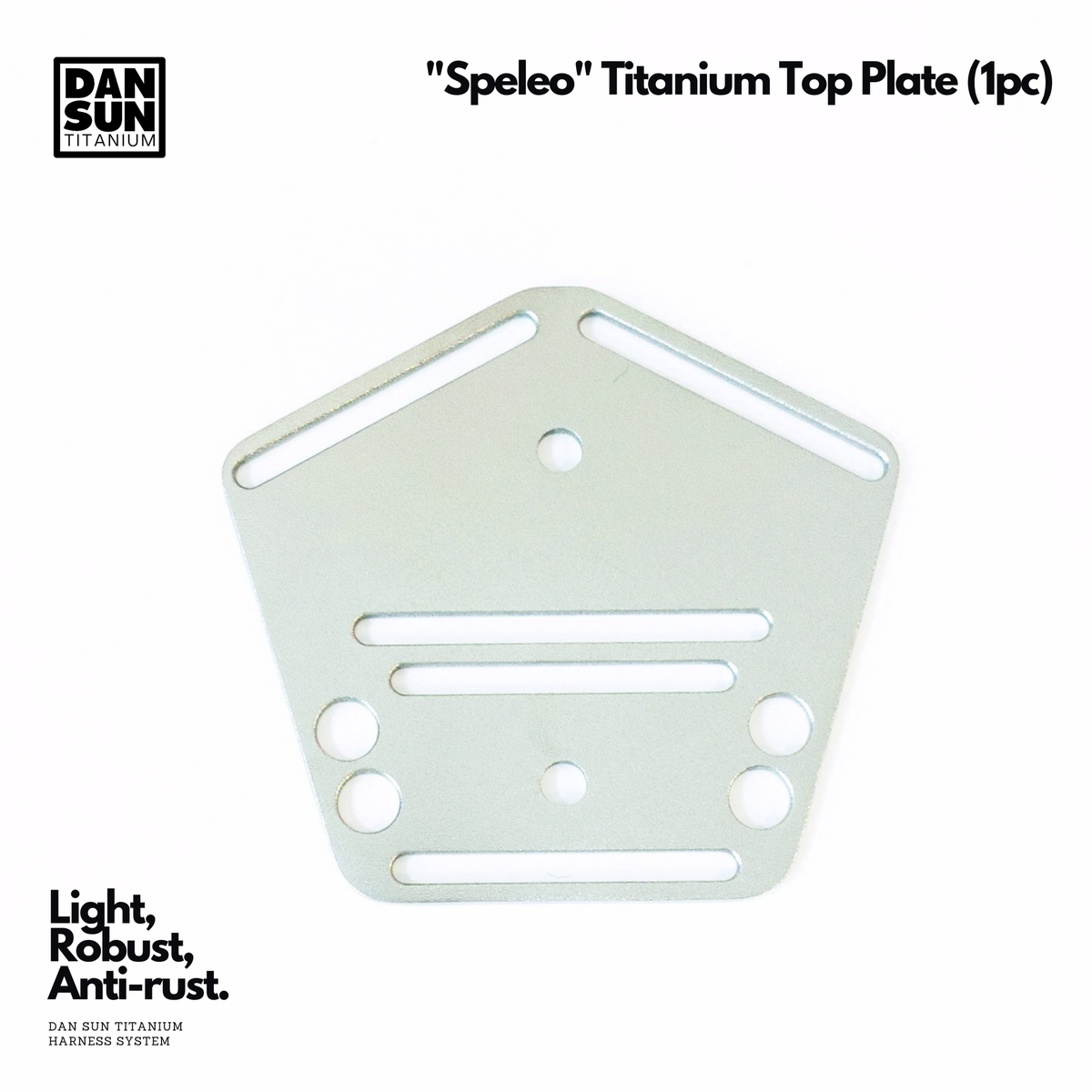 A light silver titanium top plate for a Dan Sun HarNESS system, labeled 'Speleo Titanium Top Plate (1pc)'. The product is shown on a clean white background with the Dan Sun brand logo in the top-left corner and product text in the bottom-left.