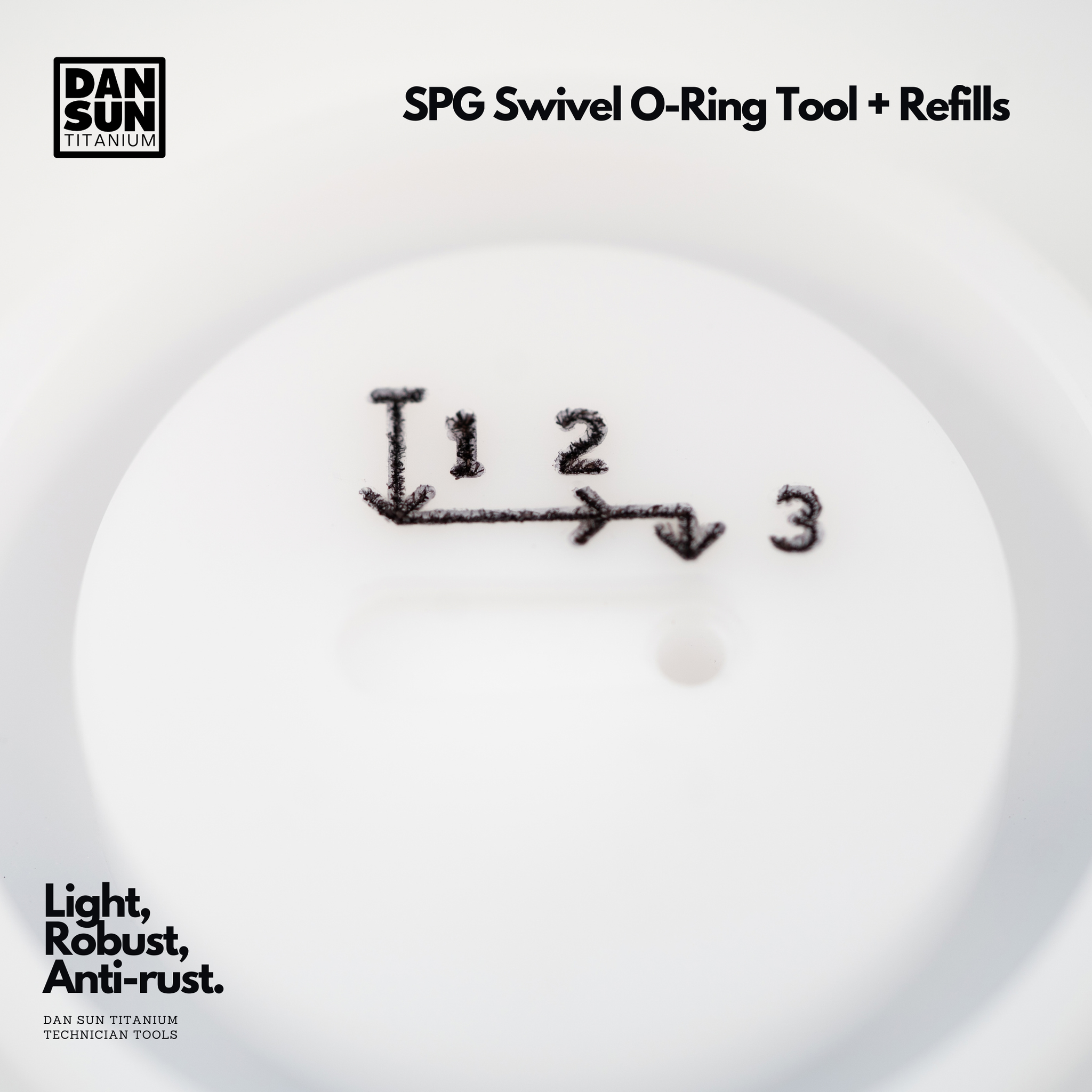 Dan Sun SPG Swivel O-Ring Tool with refills, featuring a white circular tool with black numbered arrows (1, 2, 3) on a white background, with Dan Sun branding and product title text.