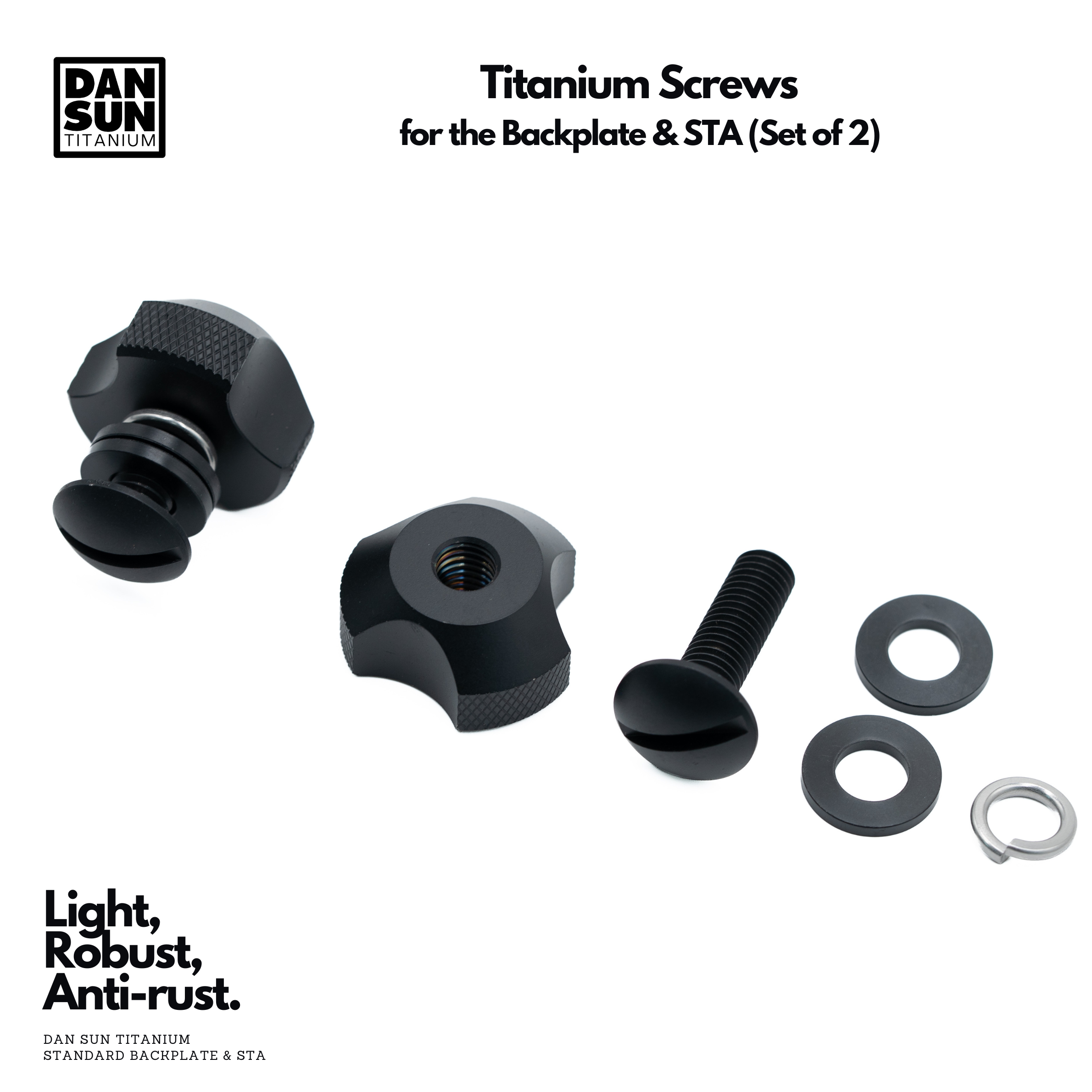Black titanium hand-tight screws, nuts and washers