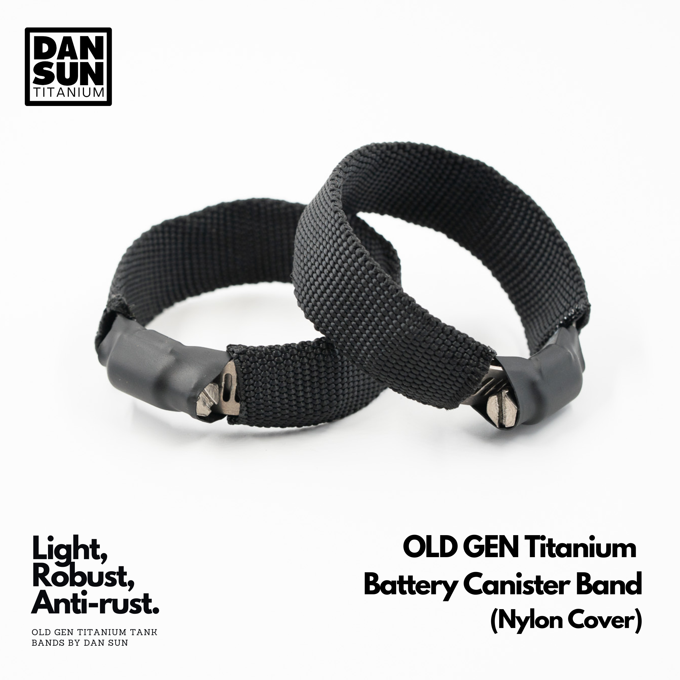 Two DanSun titanium battery canister bands with black nylon cover