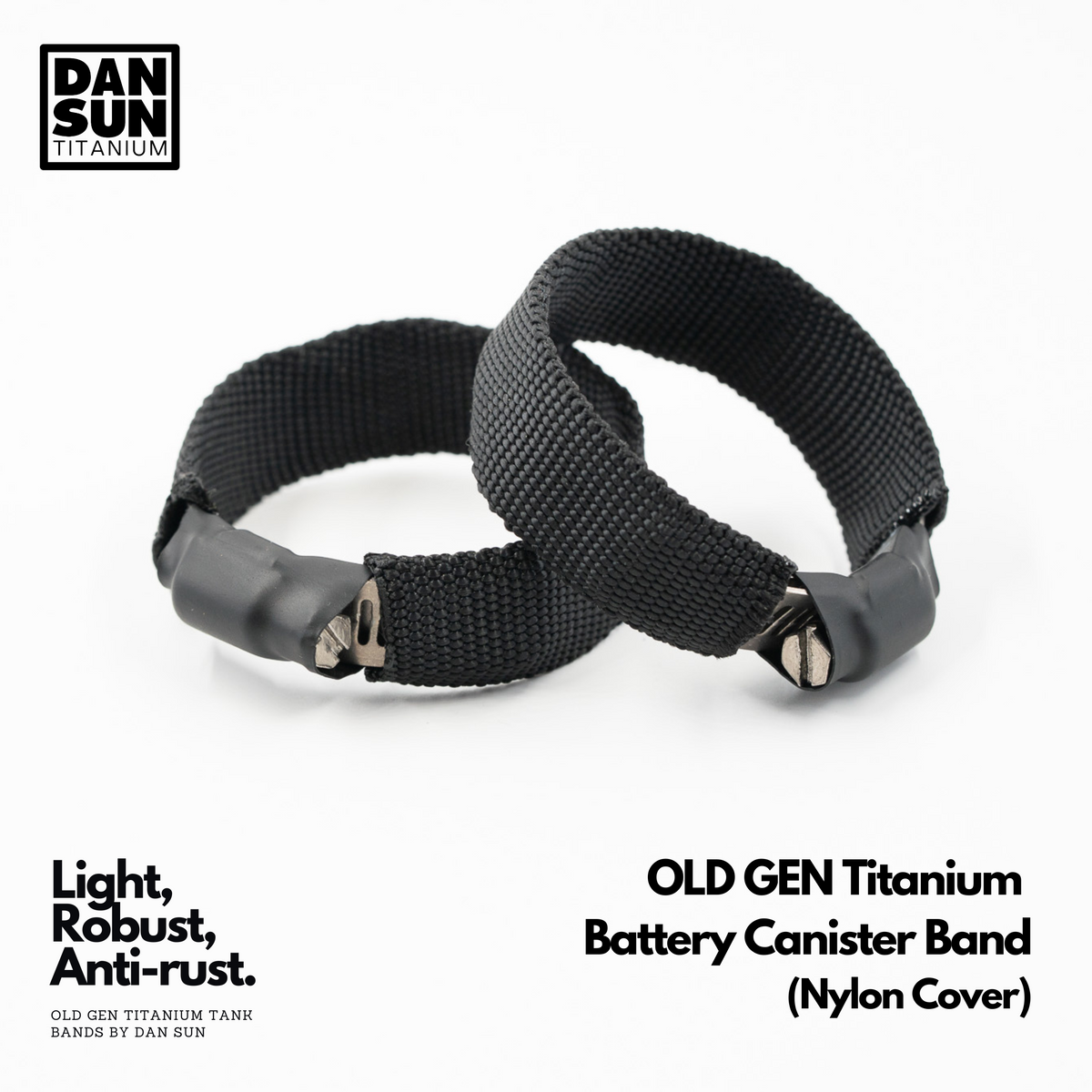 Two DanSun titanium battery canister bands with black nylon cover