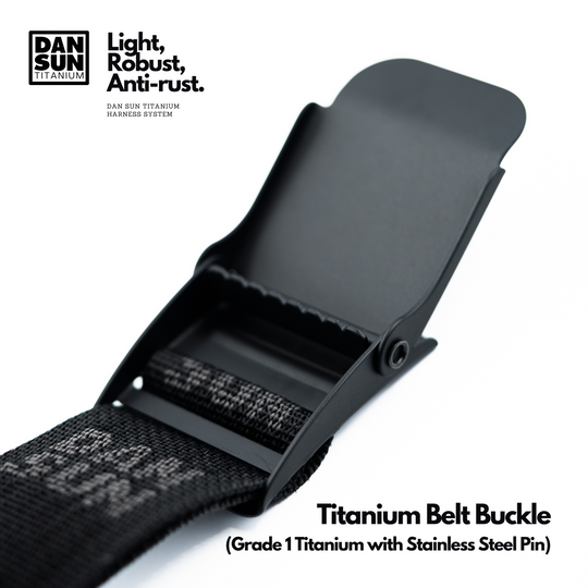 Black titanium belt buckle open on webbing