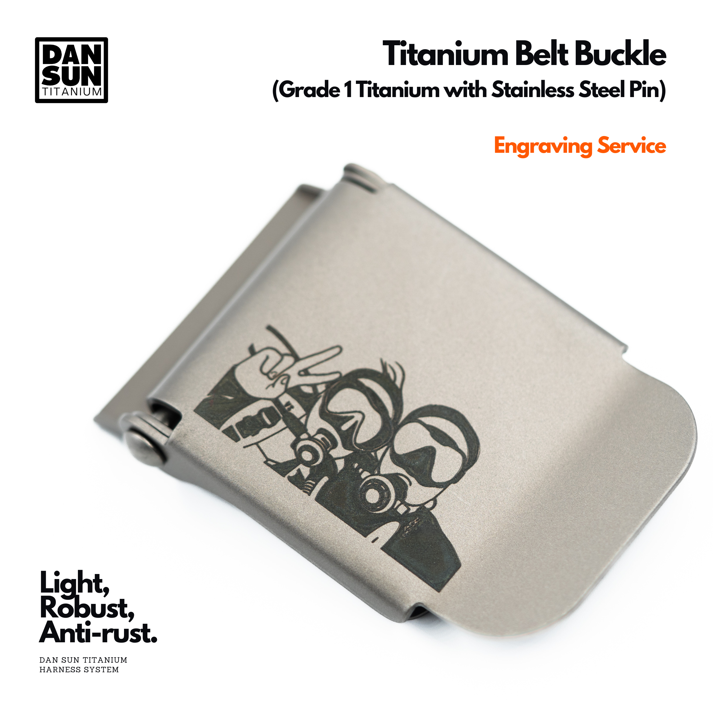 Laser engraved image on a titanium belt buckle