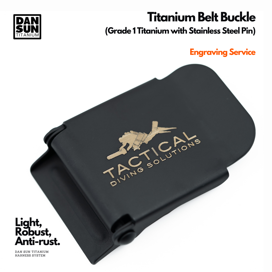 Laser engraved logo on a black titanium belt buckle