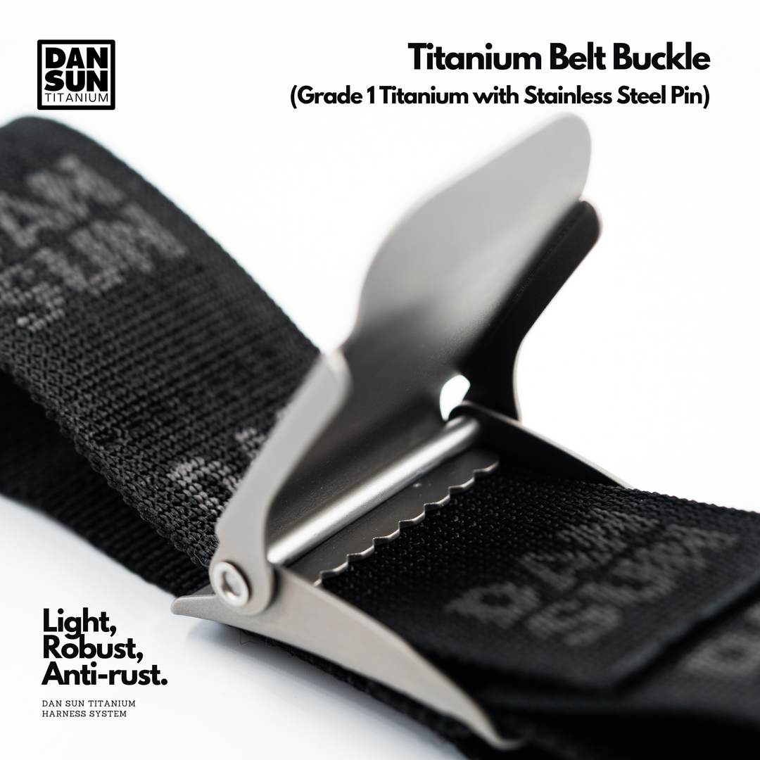 Titanium belt buckle open, showing the grip teeth
