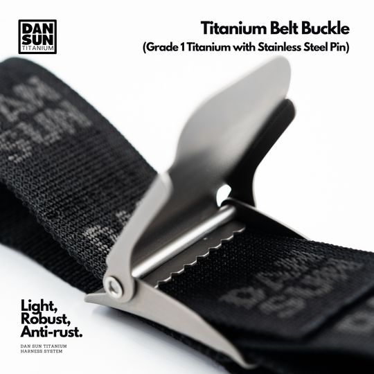 Titanium belt buckle open, showing the grip teeth