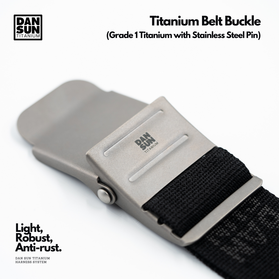 Original titanium belt buckle on black harness webbing