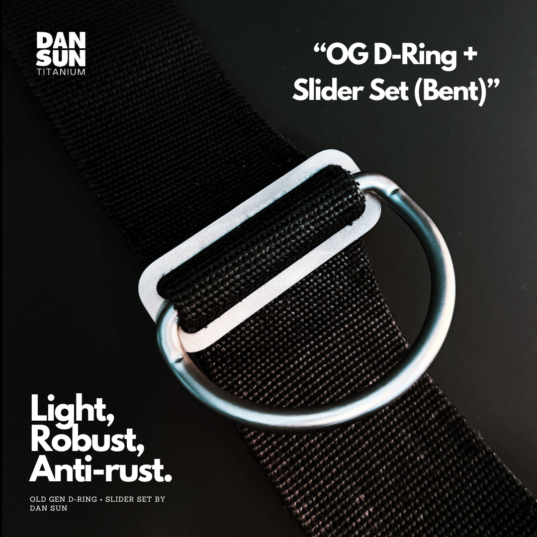 Titanium bent D-ring and slider on webbing