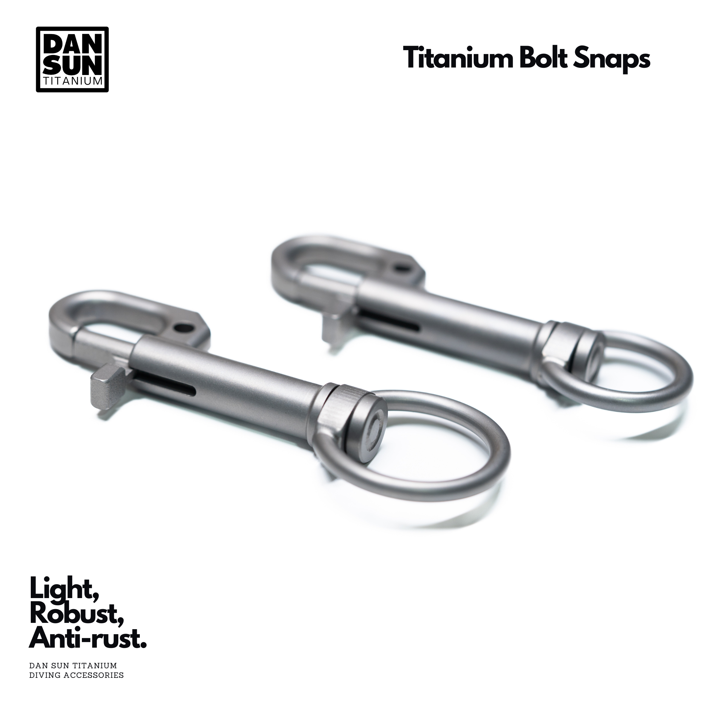 Small and large DanSun titanium bolt snaps side by side