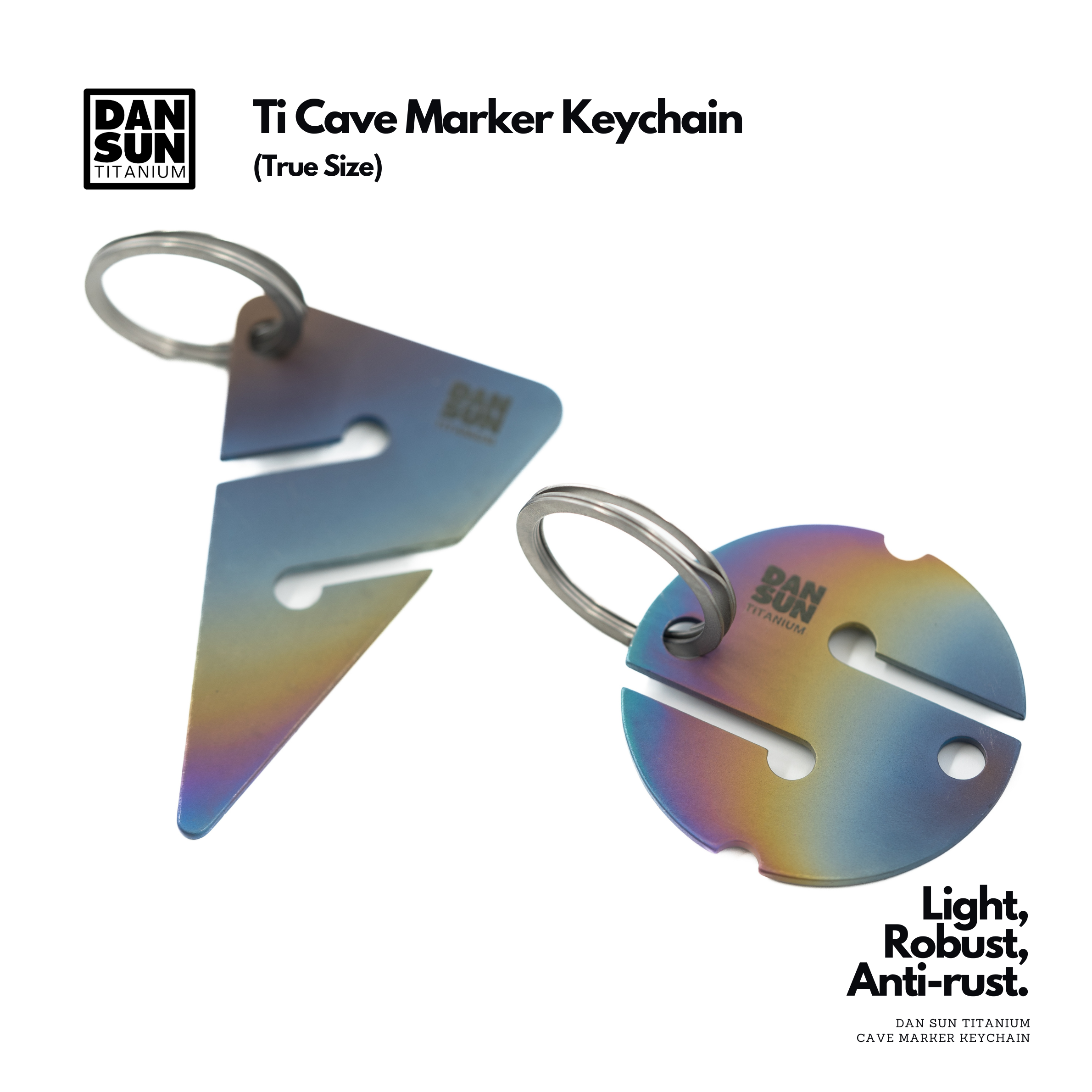 Anodised titanium arrow and round cave marker key rings