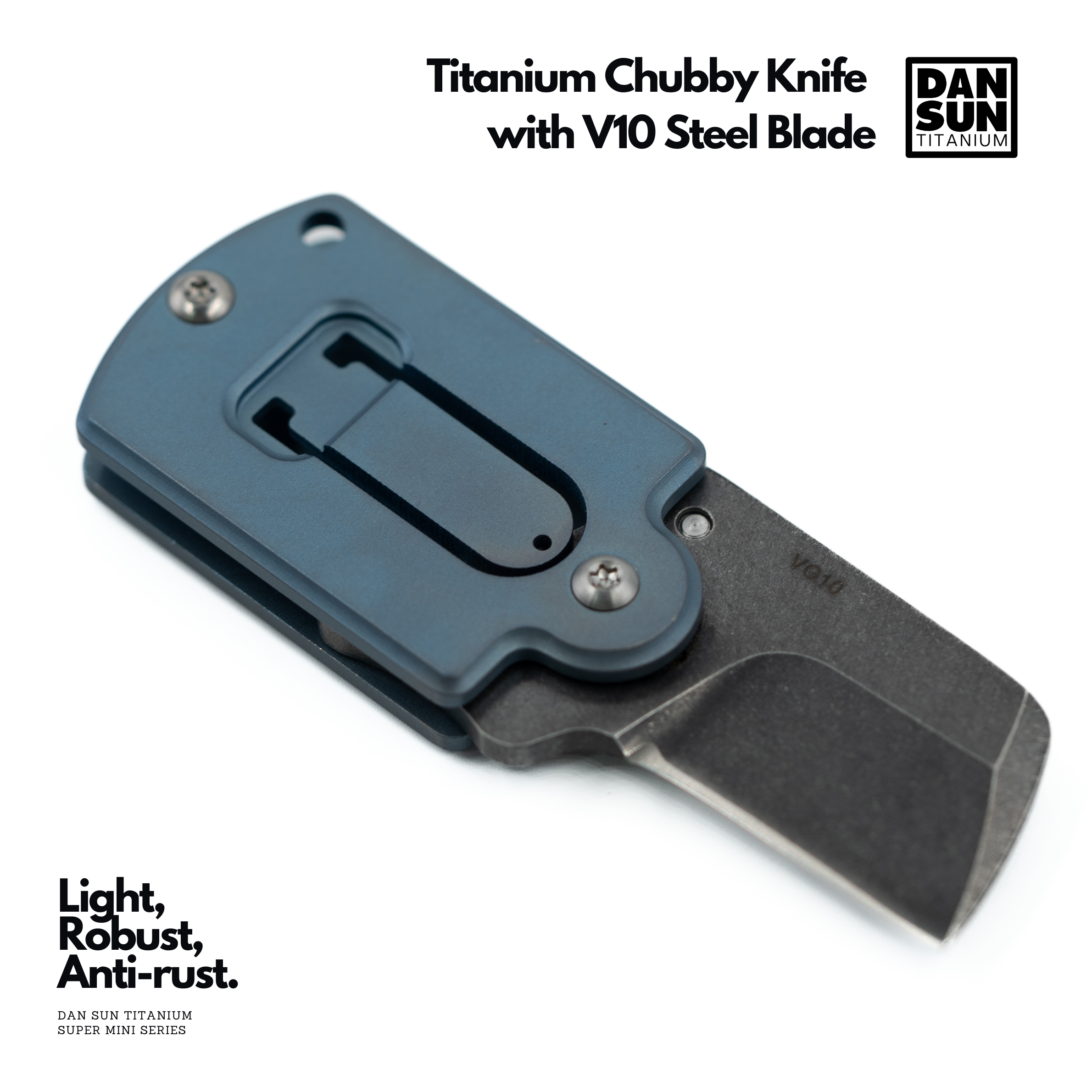 Blue titanium chubby knife with V10 steel blade, open