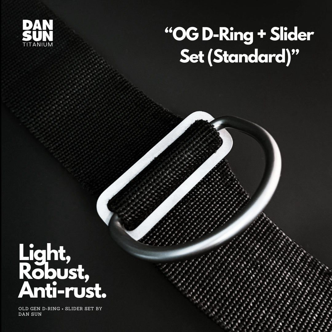 Titanium standard D-ring and slider on black webbing
