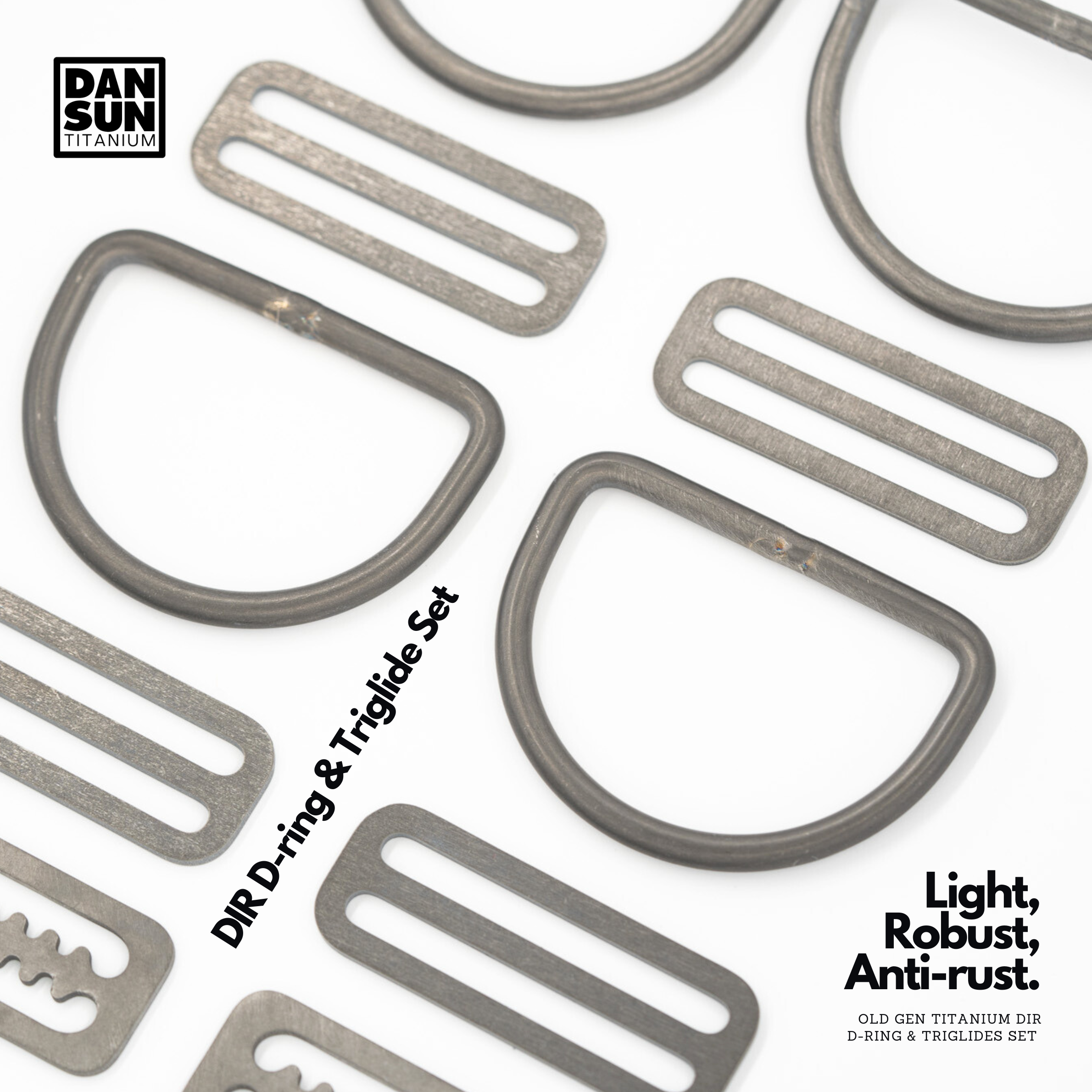 Titanium D-rings and tri-glides of the DIR set, close-up