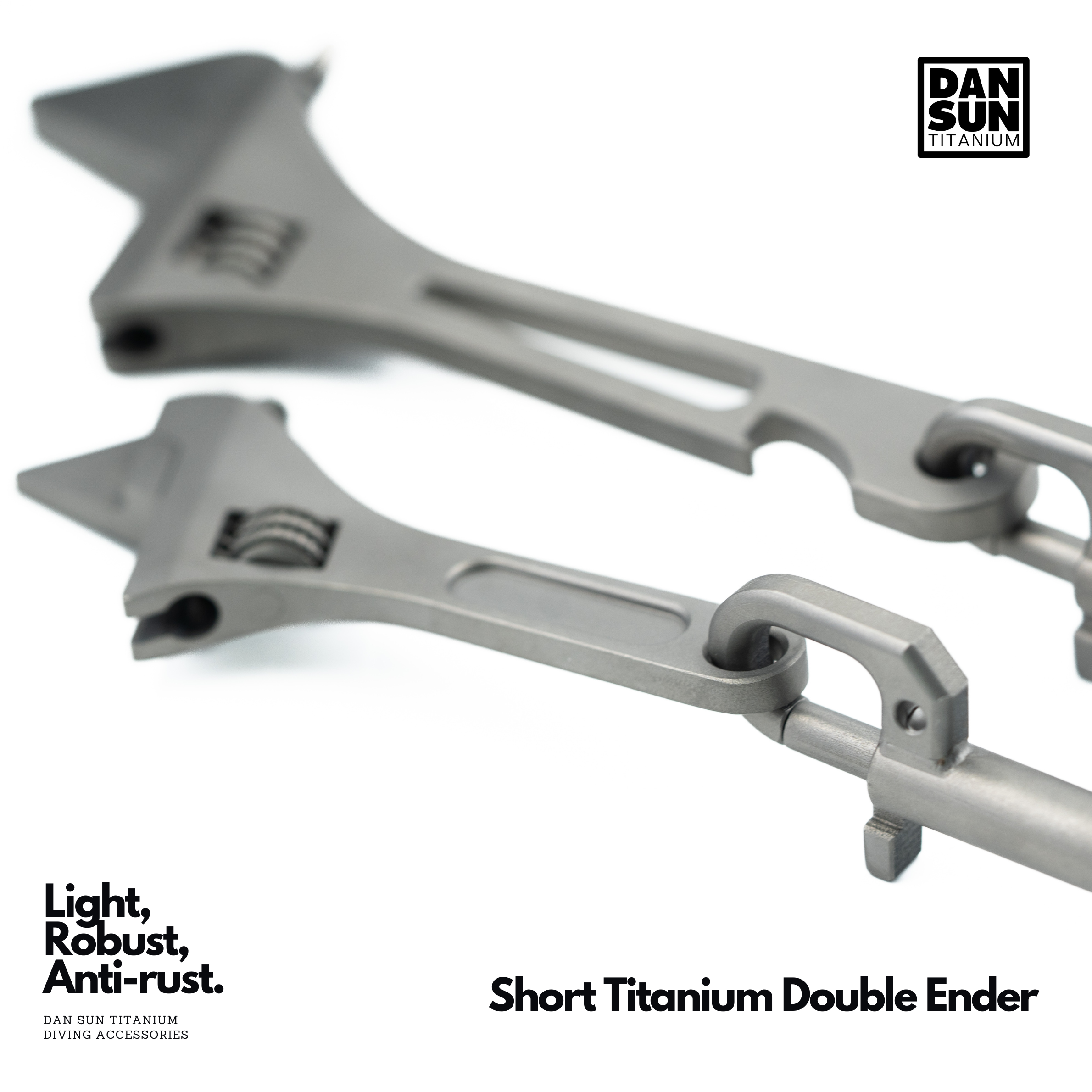 Titanium adjustable spanners clipped to titanium double-enders