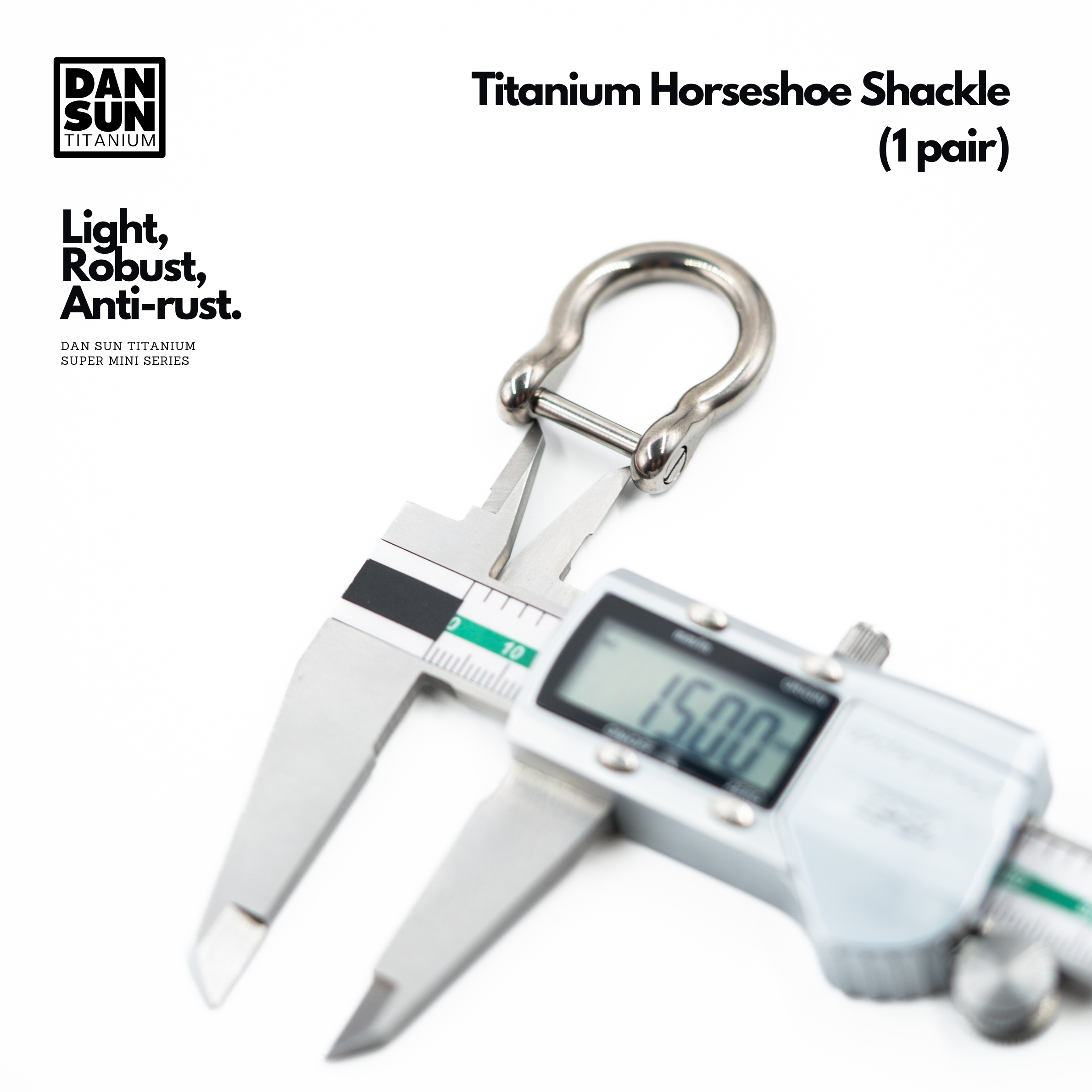Titanium horseshoe shackle internal width measured at 15 mm