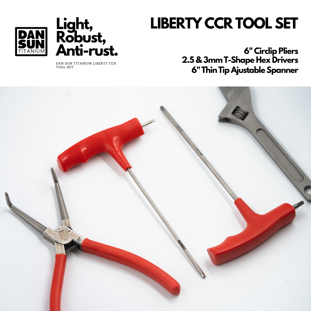 Titanium circlip pliers, T-shape hex keys and adjustable spanner for the Liberty CCR