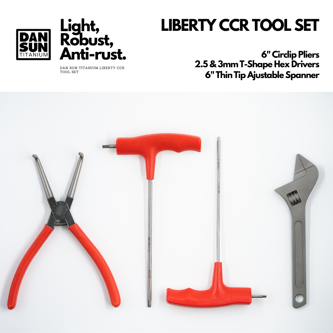 DanSun titanium Liberty CCR tool set: circlip pliers, two T-shape hex keys and thin-tip spanner