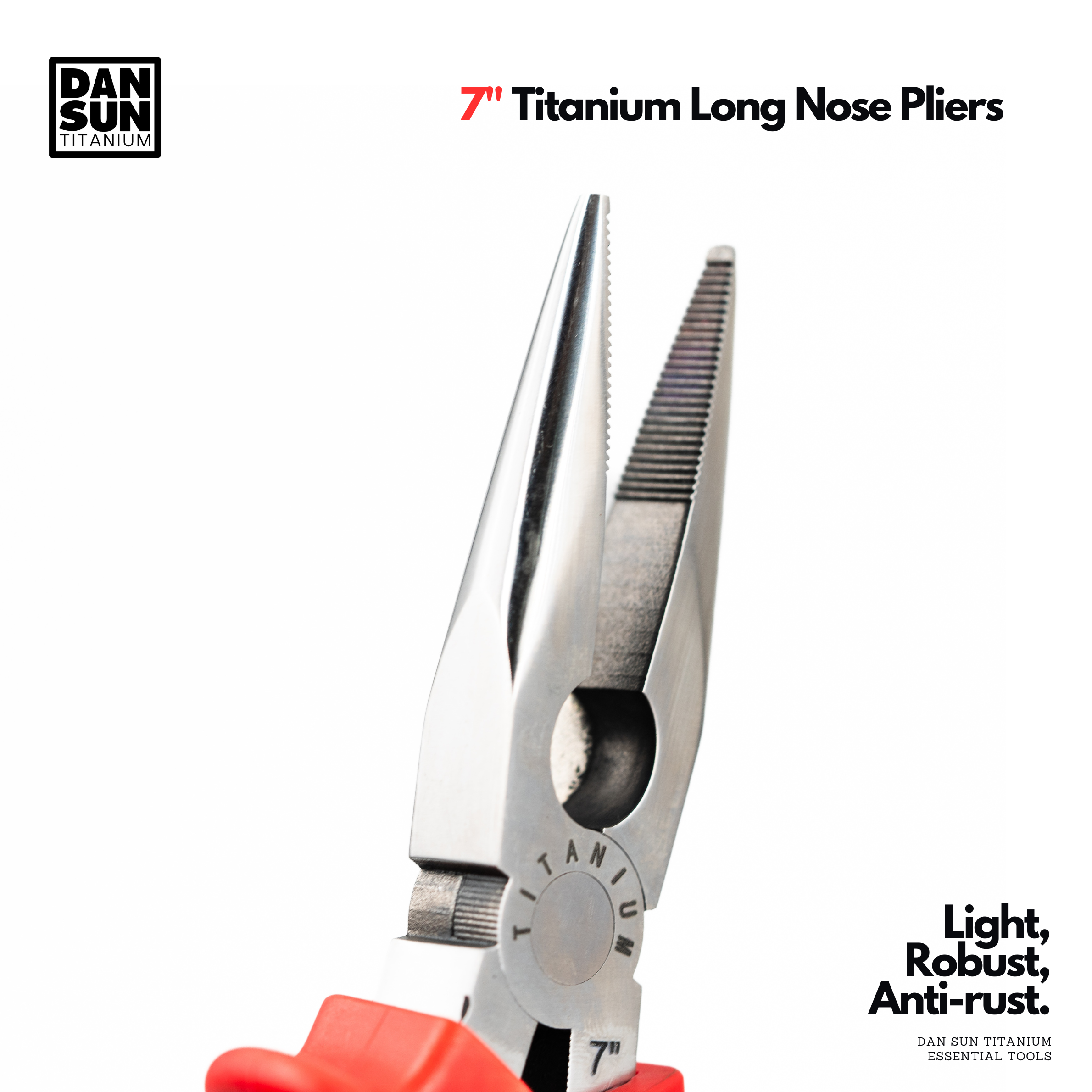 DanSun 7 inch titanium long nose pliers, jaws close-up