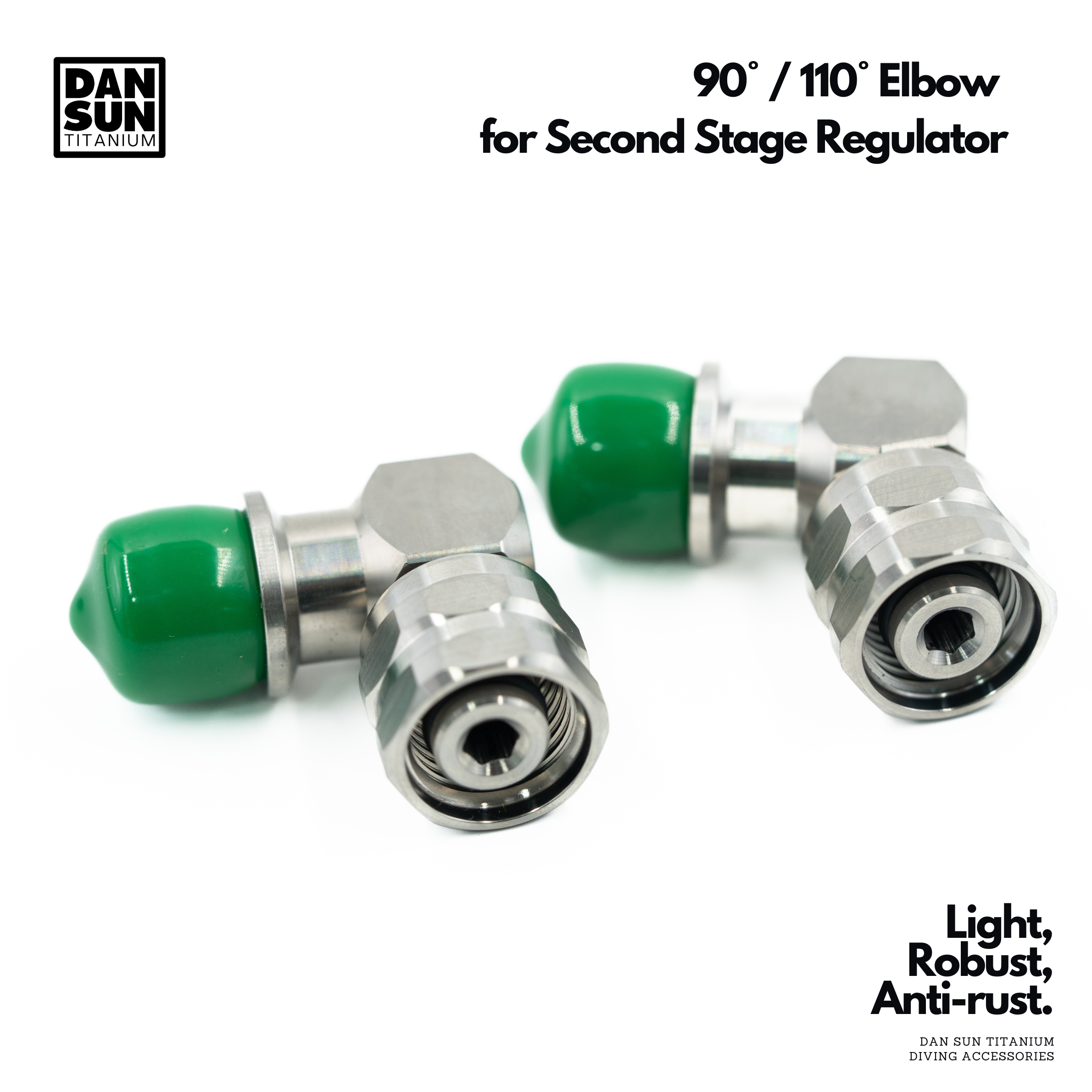 Titanium regulator elbows, hose end view
