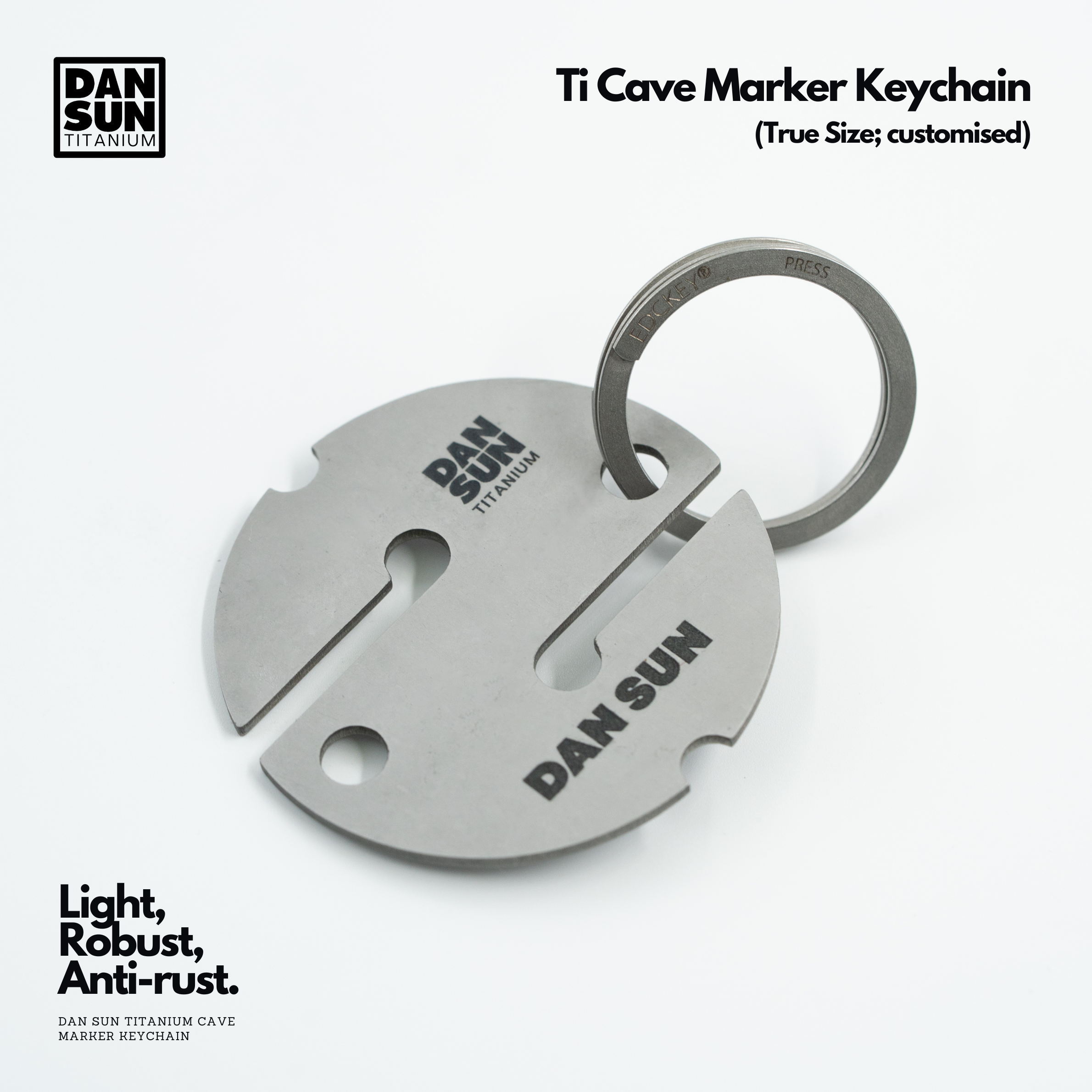 Titanium round cave marker key ring with engraved name