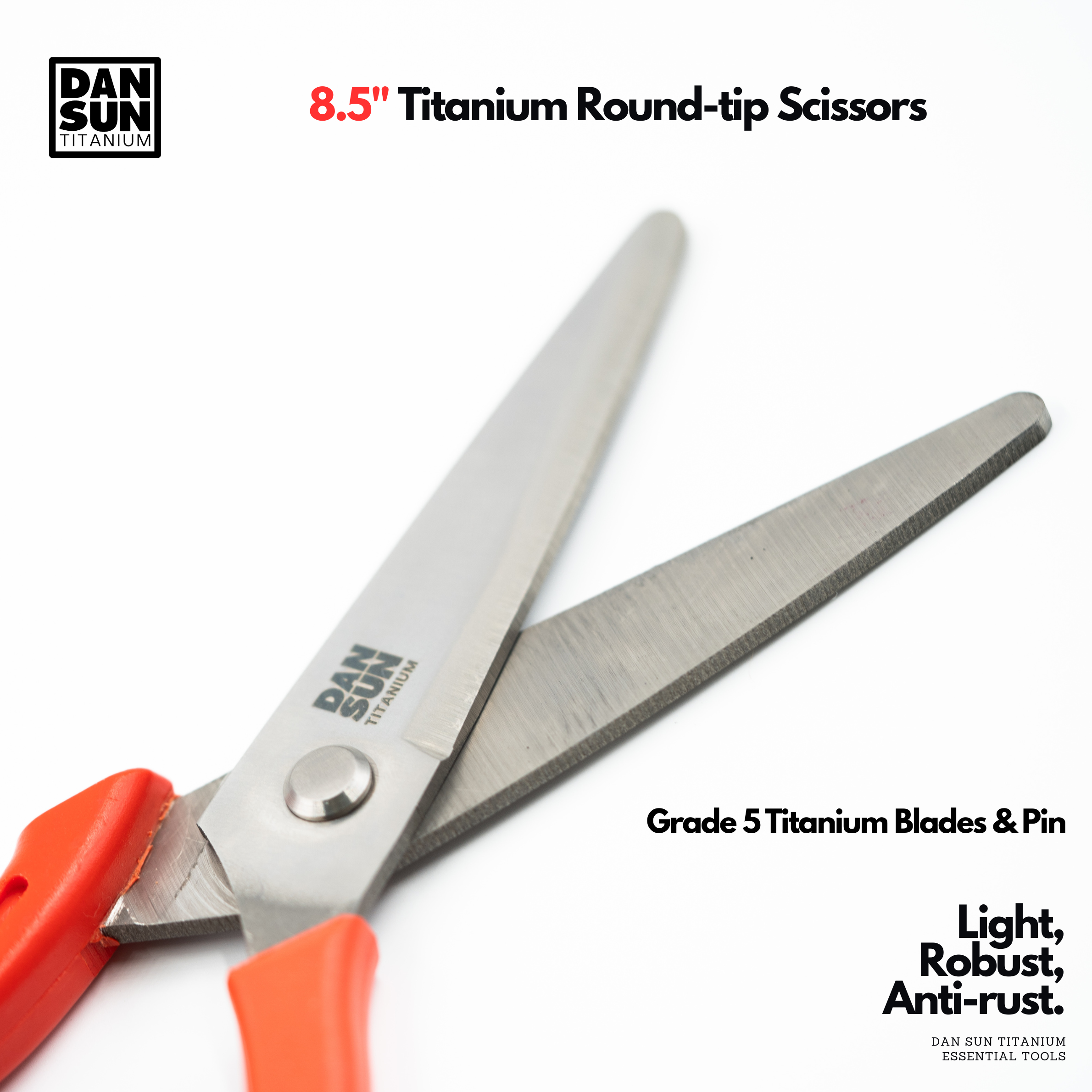 Grade 5 titanium blades of the round-tip scissors, open