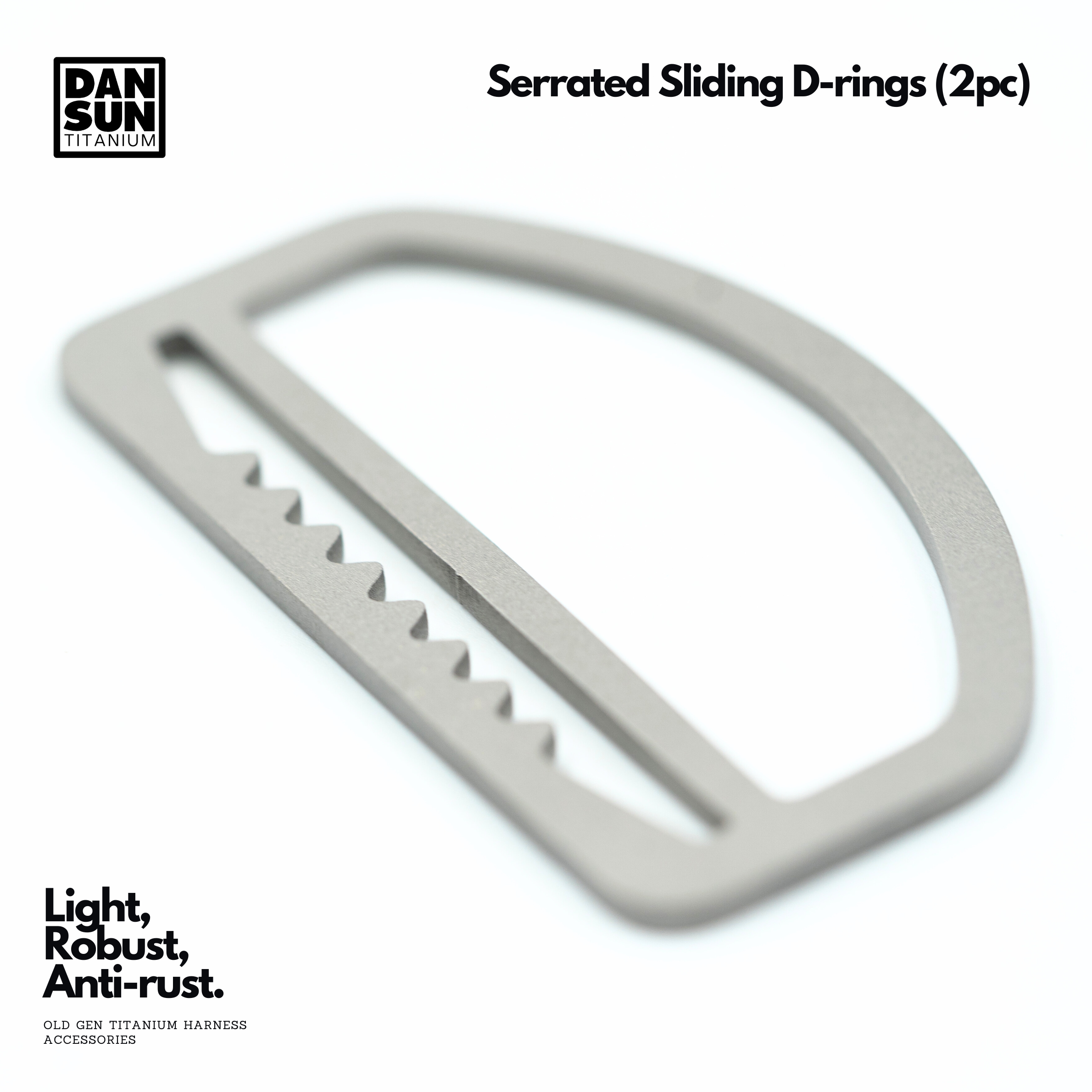 Titanium serrated sliding D-ring, close-up